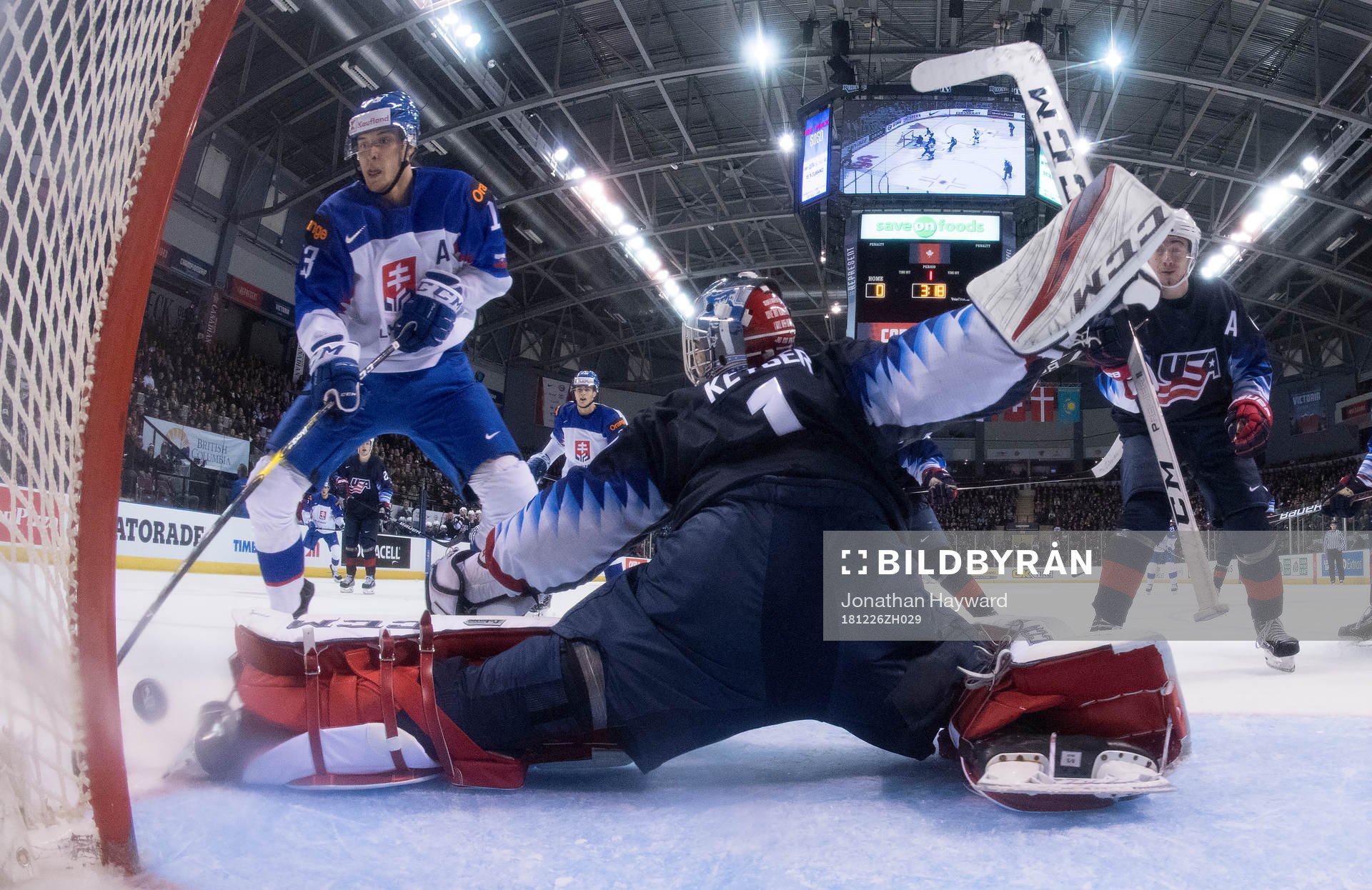 Team U.S.A. goaltender Kyle Keyser stops a shot from