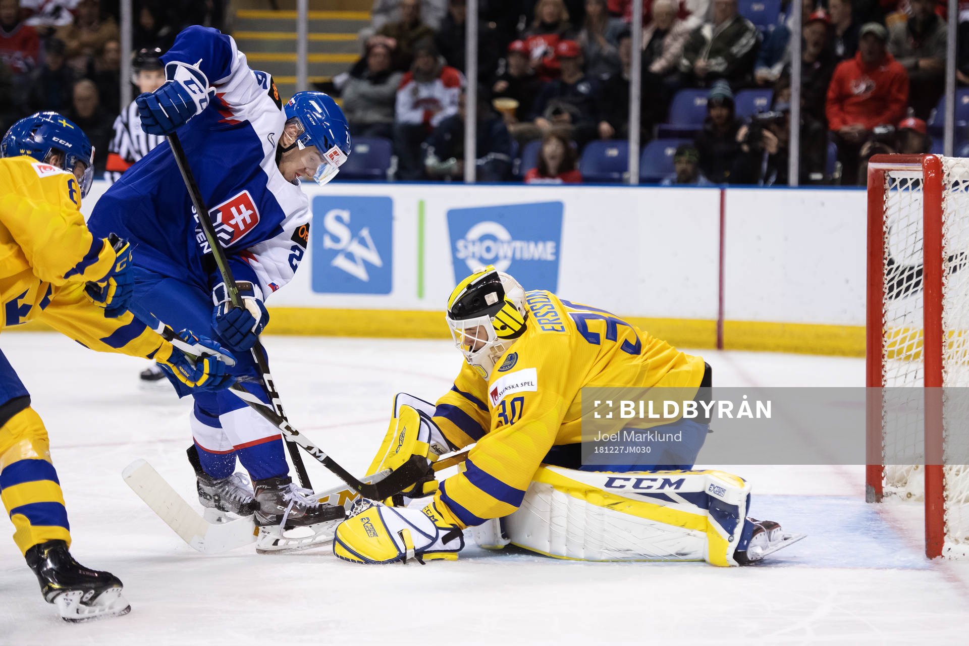 Milos Roman of Slovakia in action against goaltender Samuel