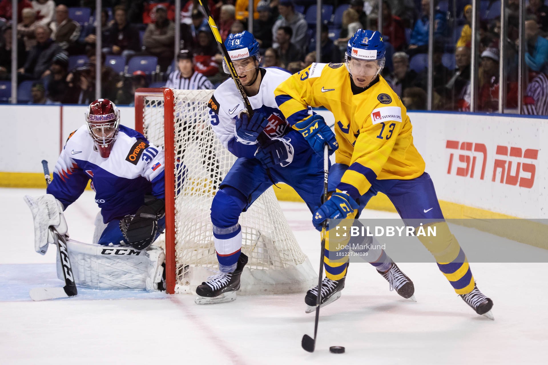 Goaltender Juraj Sklenar and Adam Liska of Slovakia in