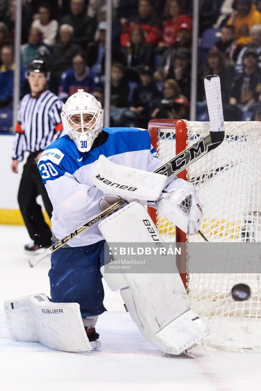 Goaltender Demid Yeremeyev of Kazakhstan
