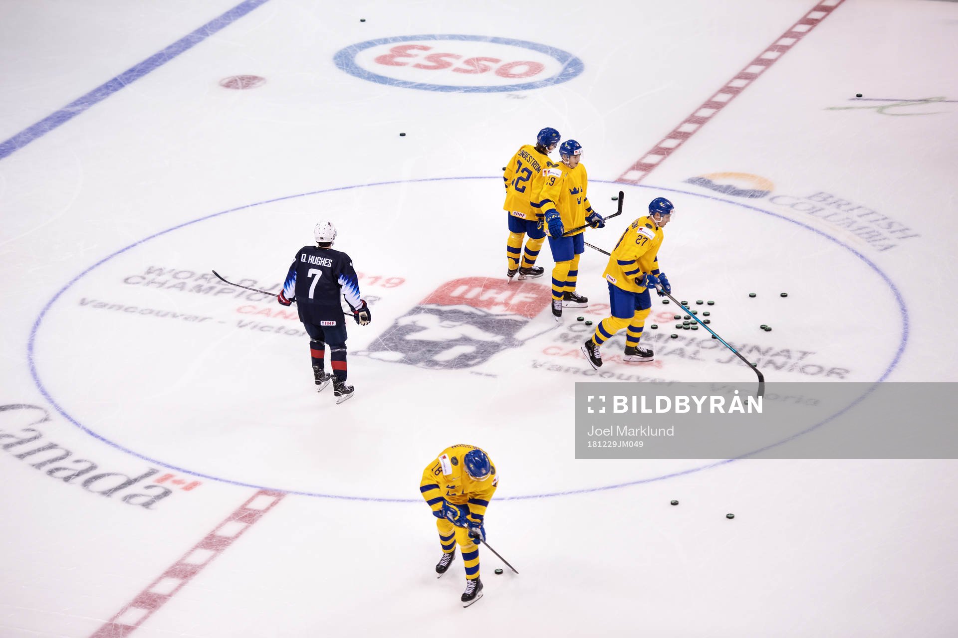 Quinn Hughes of USA and Rasmus Sandin, Isac Lundeström,