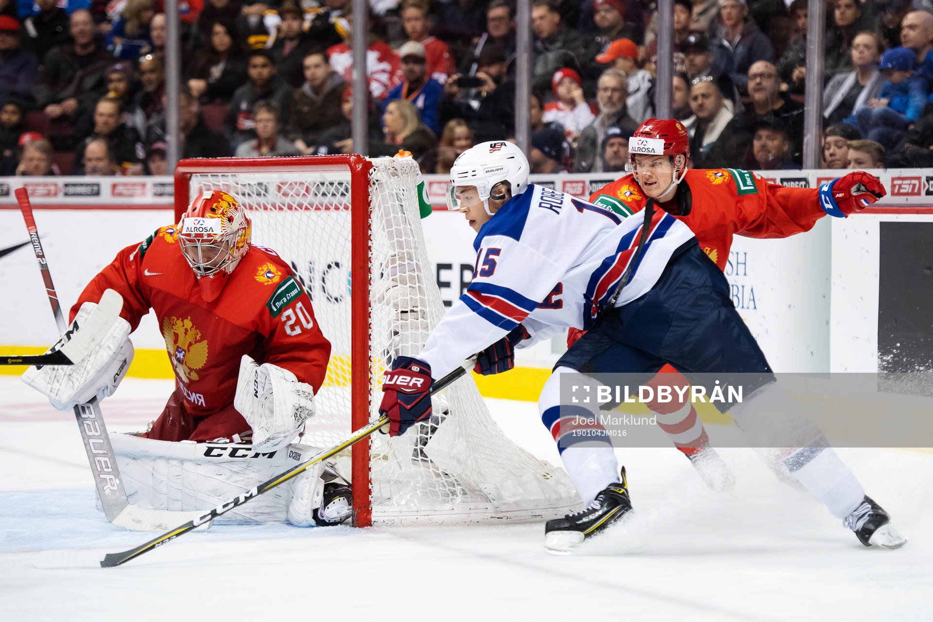 Goaltender Pyotr Kochetkov and Danil Zhuravlyov of Russia