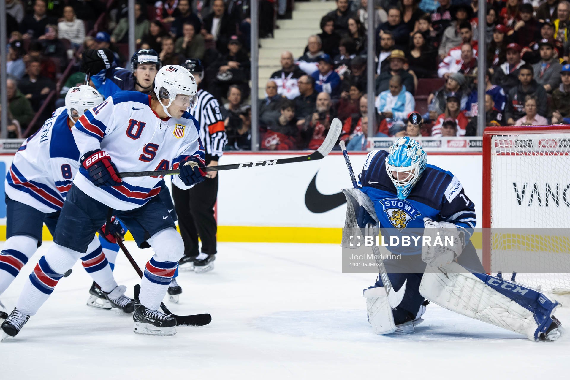 Ryan Poehling of USA shoots at goaltender Ukko-Pekka