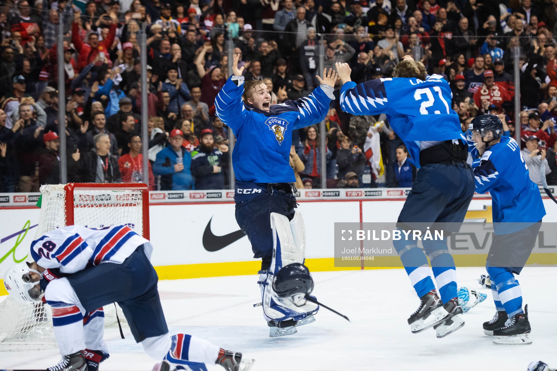 Goaltender Ukko-Pekka Luukkonen of Finland celebrates the