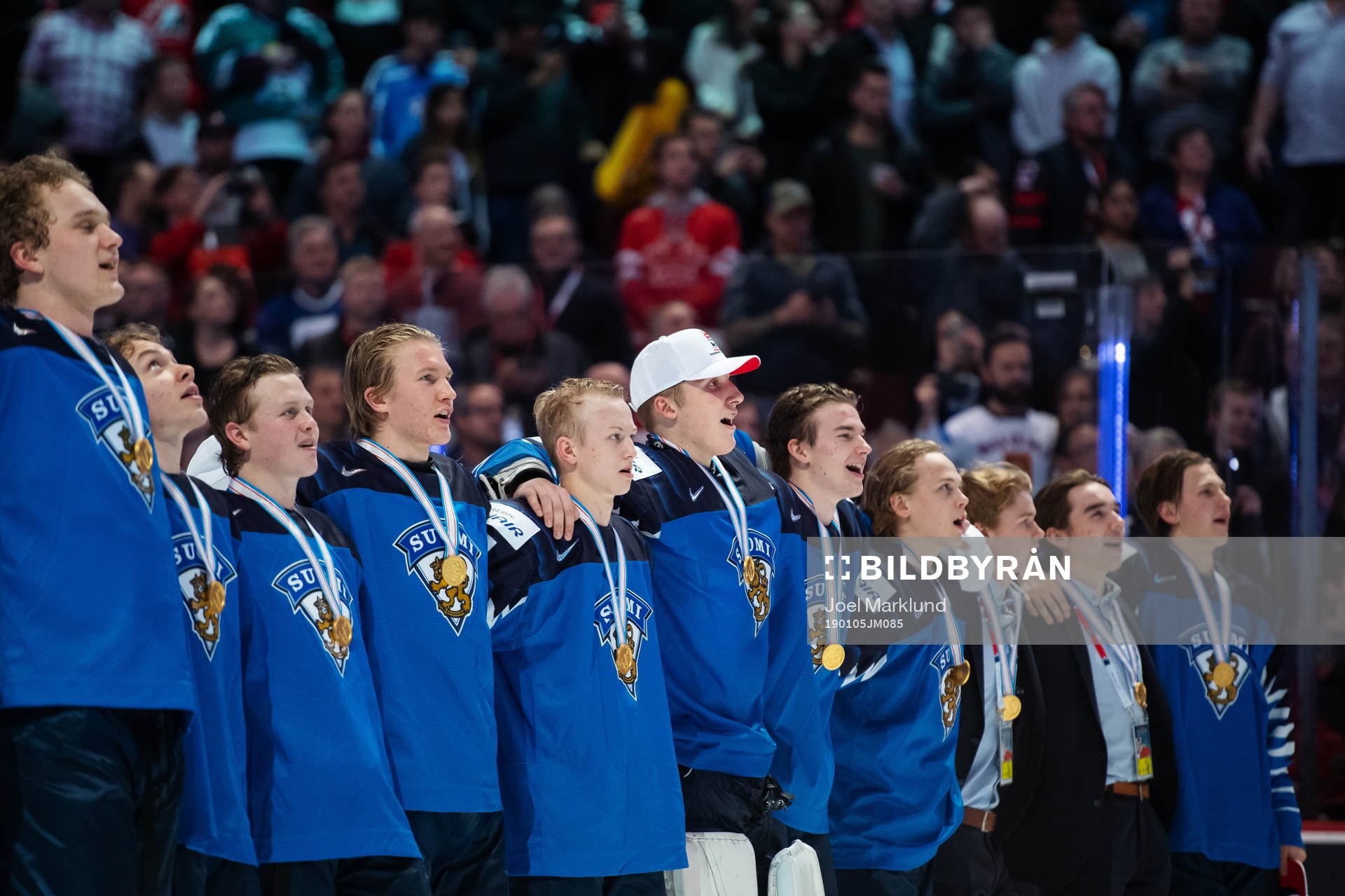 Goaltender Ukko-Pekka Luukkonen of Finland sings the