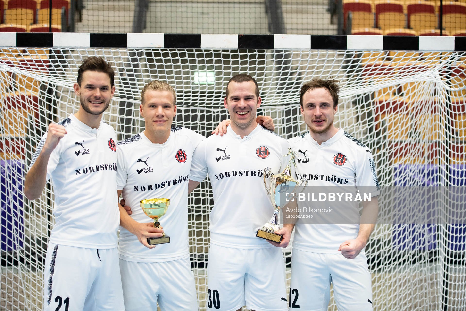Hittarps Mattias Halberg, Jonathan Olsson, Jacob Gudiol och Andre Koptinger under finalen av fotbollsturneringen Nyårssaluten mellan Eskilsminne och Hittarp den 6 januari 2019 i Helsingborg