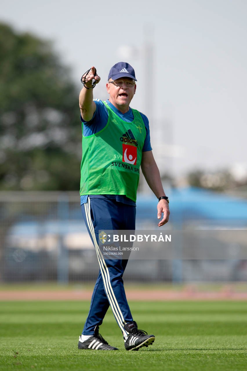 Sweden's head coach Janne Andersson during a training session on January 6, 2019 in Doha.