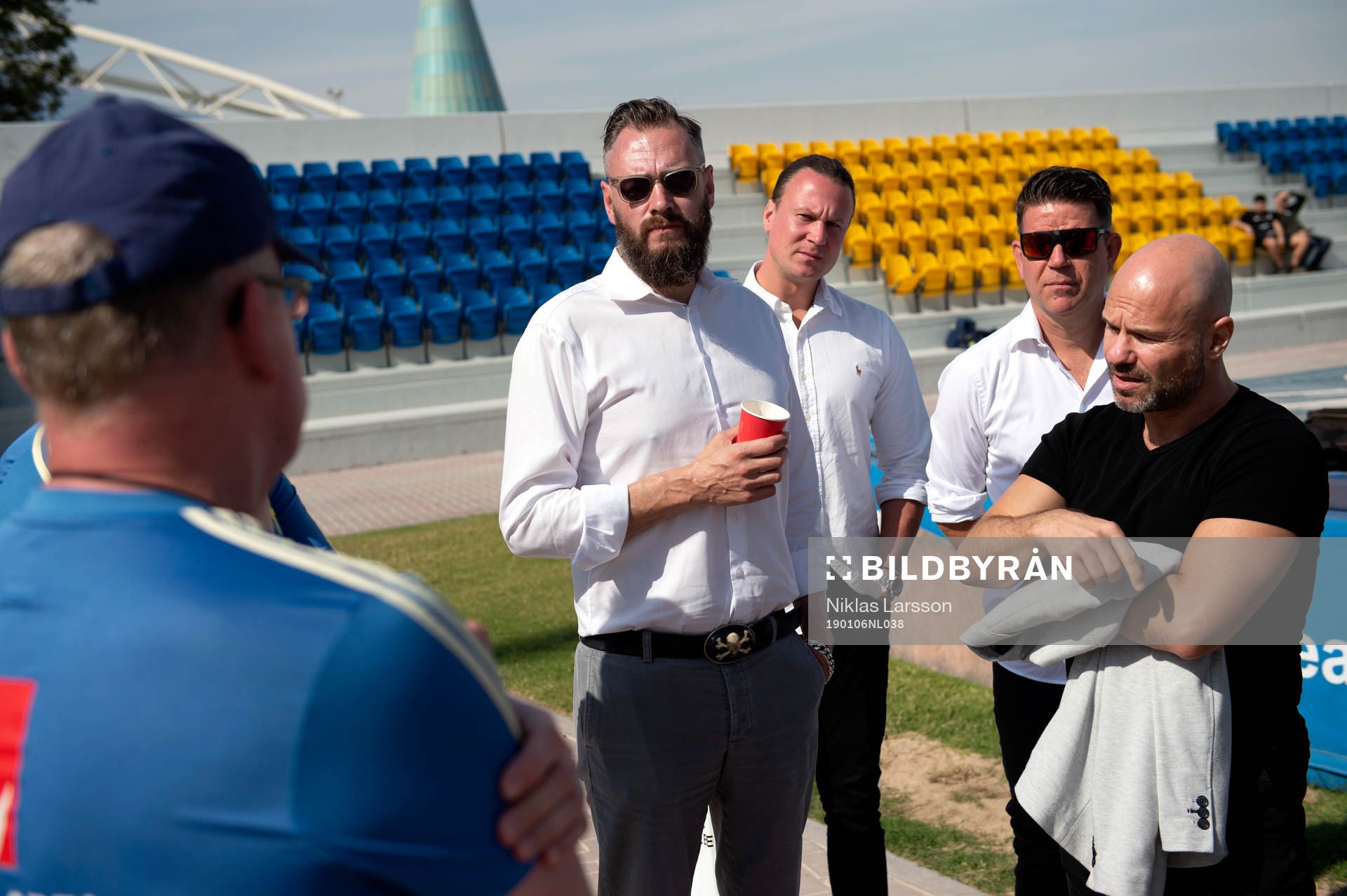 Swedish journalists Olof Lundh, Daniel Kristoffersson, Patrick Ekvall and Claes Andersson during a training session on January 6, 2019 in Doha.