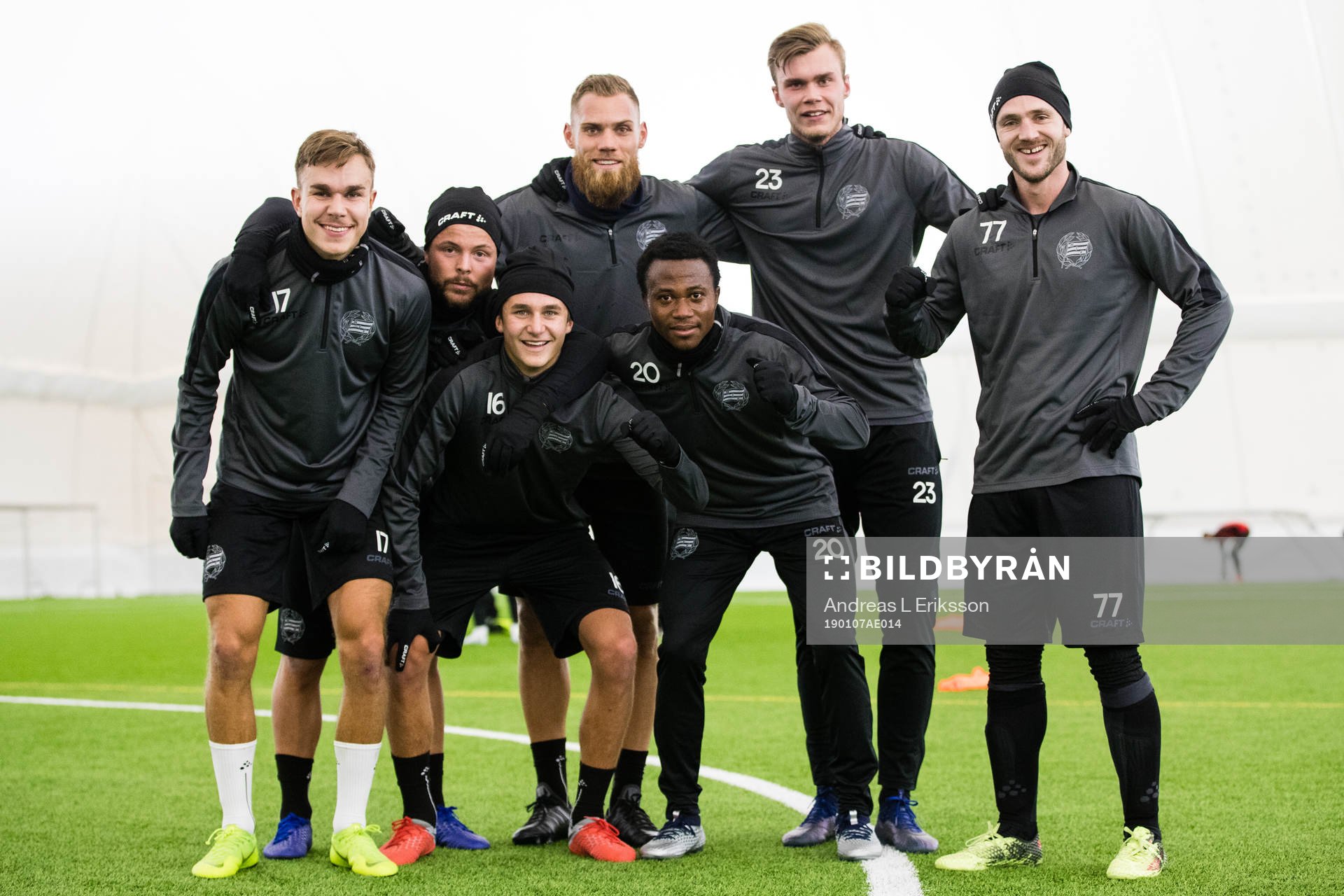 Dusan Jajic, Sander Svendsen, Leo Bengtsson, David Fällman, Abdul-Halik Hudu, Marcus Degerlund och Mats Solheim under en träning med Hammarby den 7 januari 2019 i Stockholm.