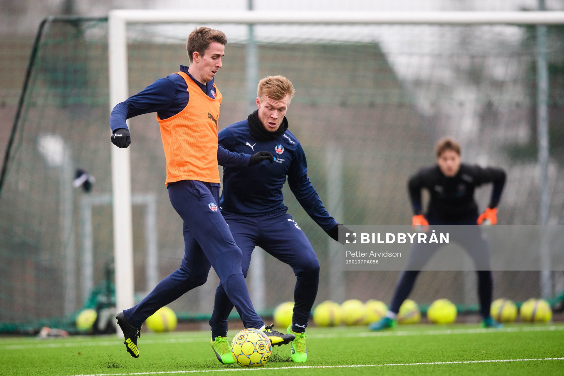 Adam Eriksson och Andreas Landgren under en fotbollsträning med Helsingborg den 7 januari 2019 i Helsingborg.
