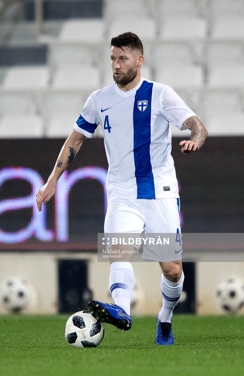 Finland's Joona Toivio during the international friendly football match between Sweden and Finland on January 8, 2019 in Doha.