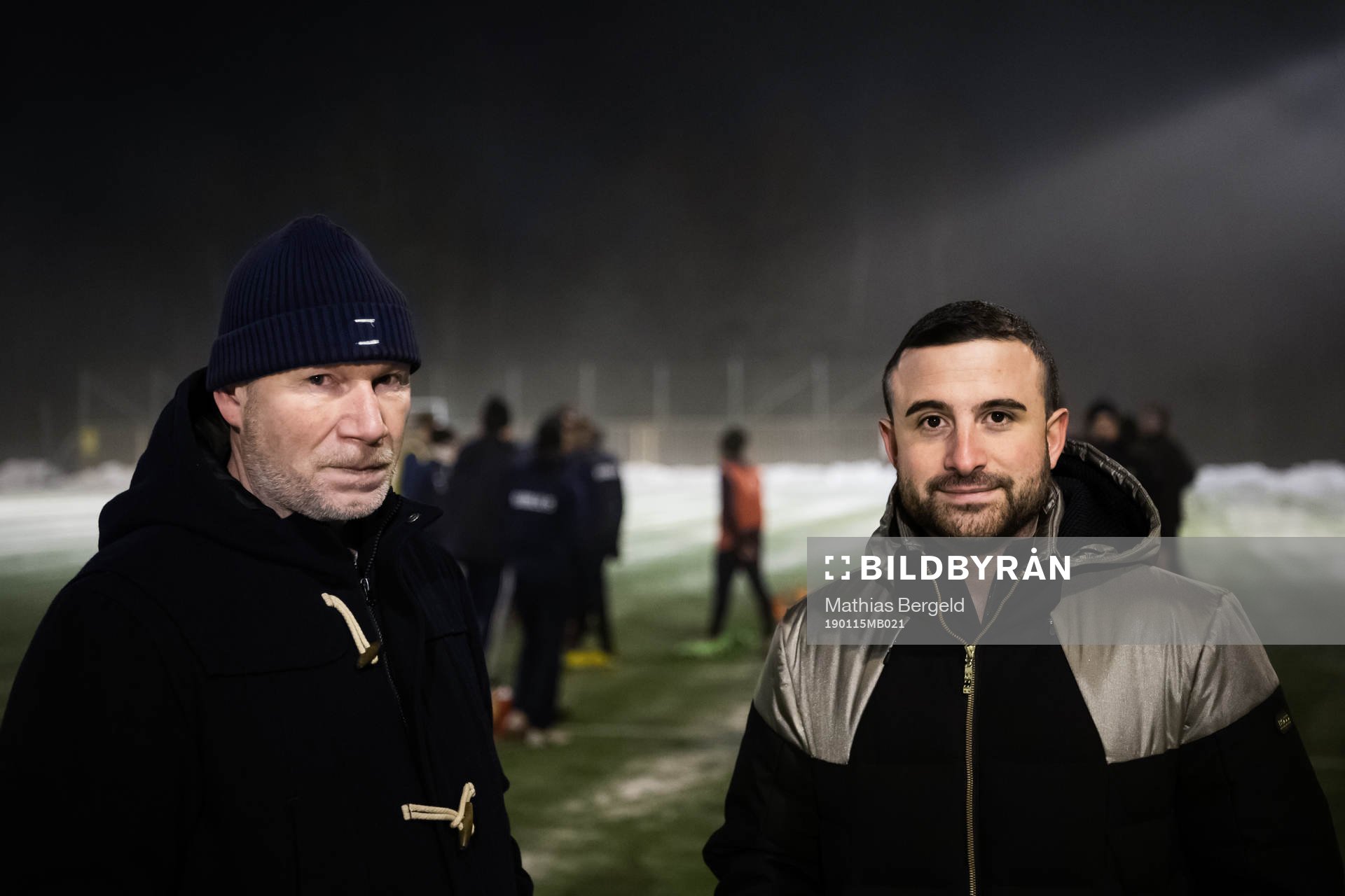 Gunnilses klubbchef Tomas Gustafsson och Angered MBIK:s ordförande Fadi Nano poserar för ett porträtt under en träning med division-tre-laget i fotboll den 15 januari 2019 i Göteborg.