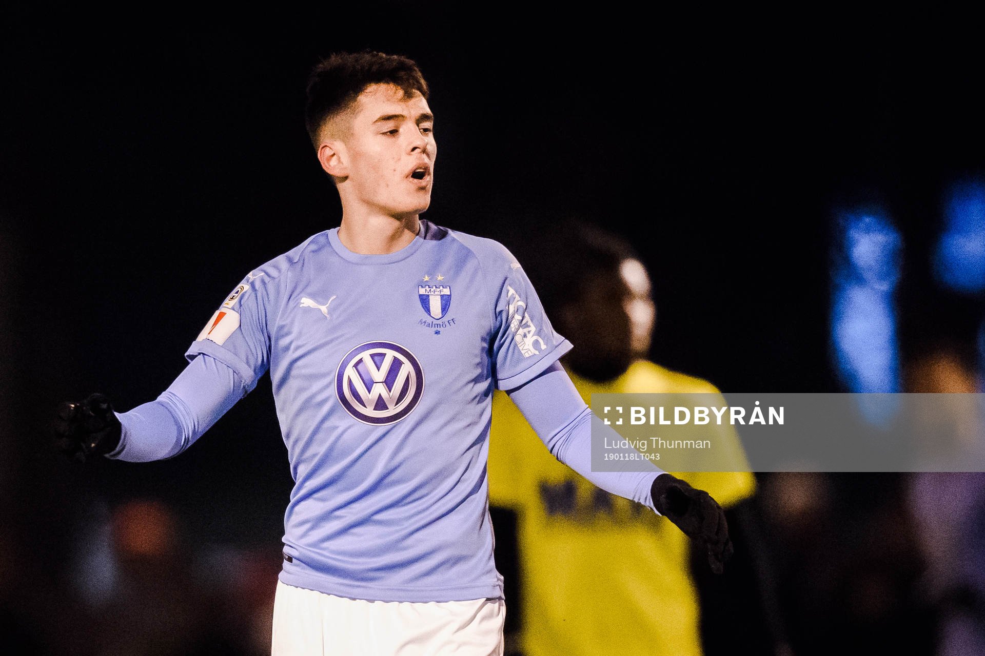 Malmö FFs Laorent Shabani under träningsmatchen i fotboll mellan Malmö FF och IFK Malmö den 18 januari 2019 i Malmö.
