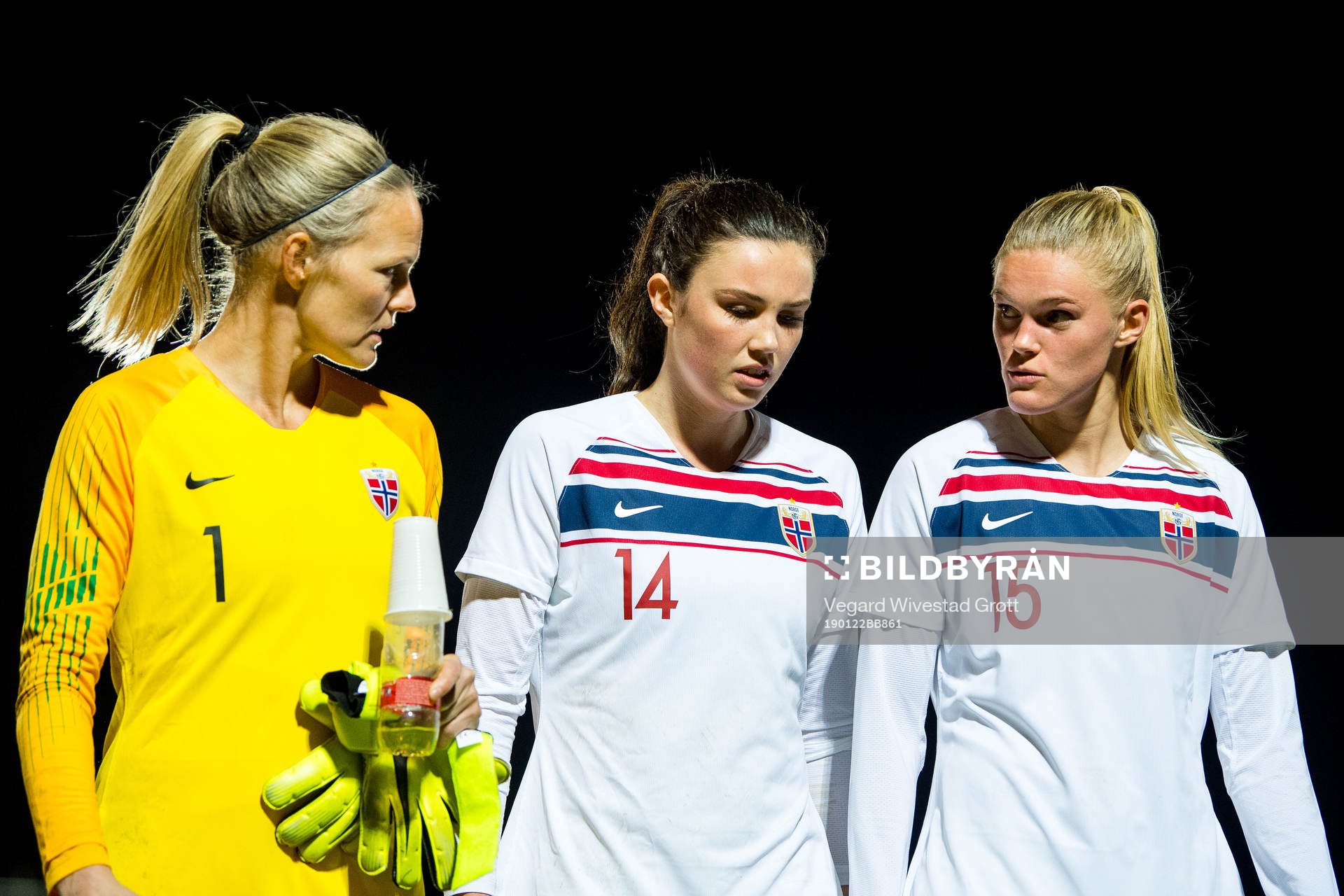 Goalkeeper Ingrid Hjelmseth, Ingrid Syrstad Engen and Kristine Leine of Norway after the international friendly match between Norway and Canada on January 22, 2019 in La Manga.