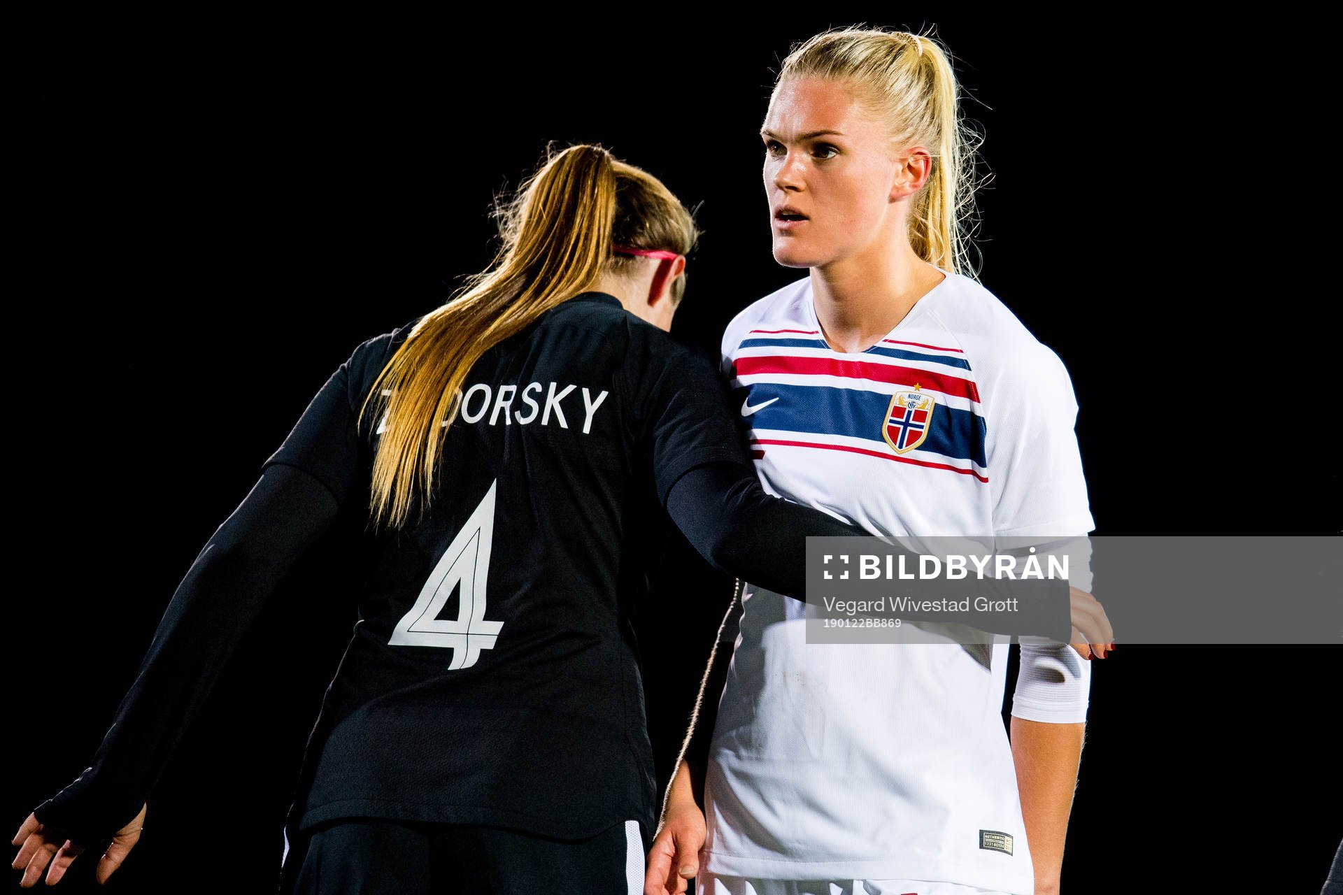 Shelina Zadorsky of Canada and Kristine Leine of Norway during the international friendly match between Norway and Canada on January 22, 2019 in La Manga.