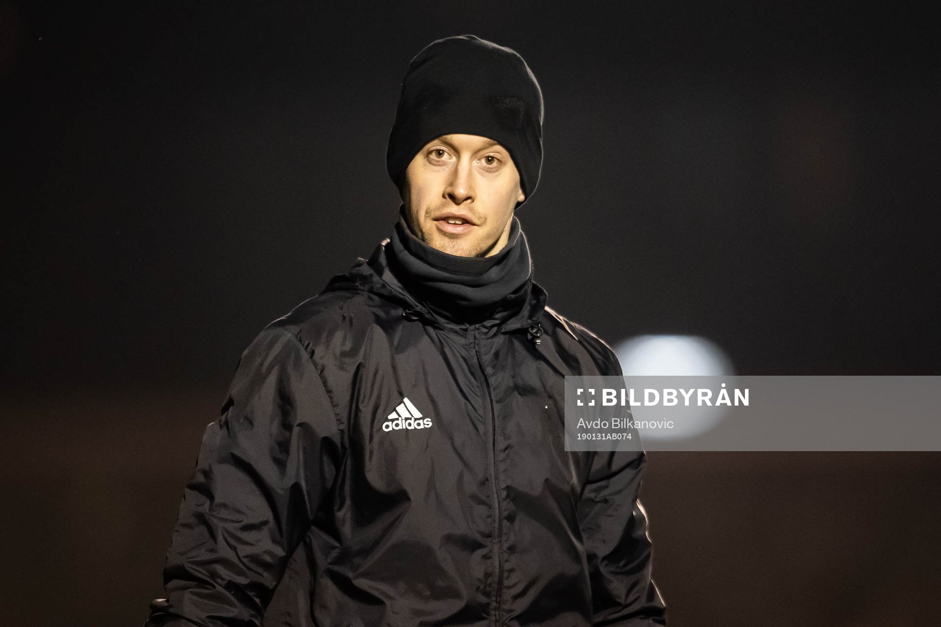 Målvakt Filiph Bodenäs under en fotbollsträning med Eskilsminne den 31 januari 2019 i Helsingborg. 