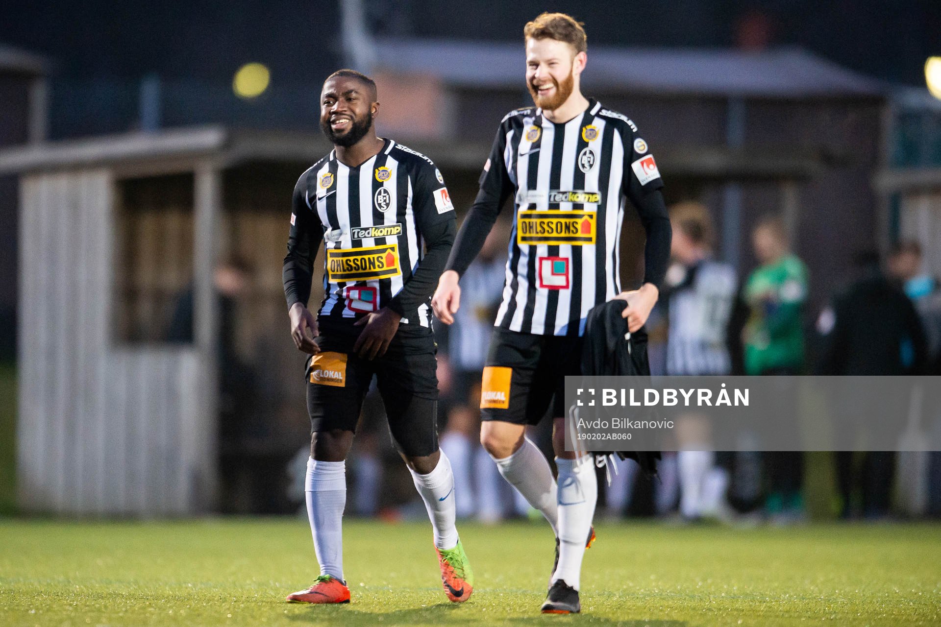 Landskronas Jesper Lernesjö och Kofi Yeboah Addae under en träningsmatch i fotboll mellan Landskrona och Frem den 2 februari 2019 i Landskrona. 
