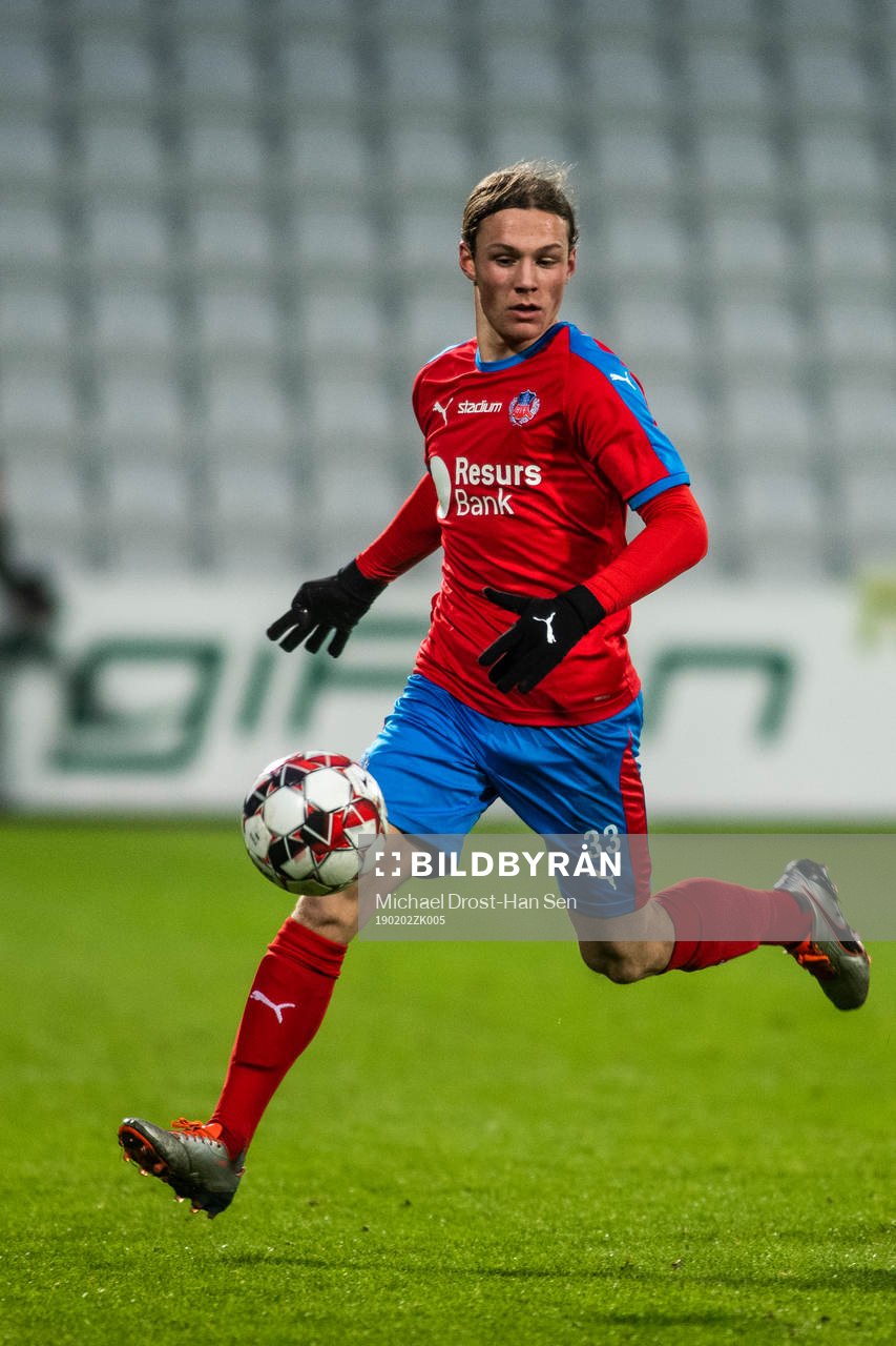 Helsingborgs Filip Sjöberg under träningsmatchen i fotboll mellan Odense och Helsingborg den 2 februari 2019 i Odense. 