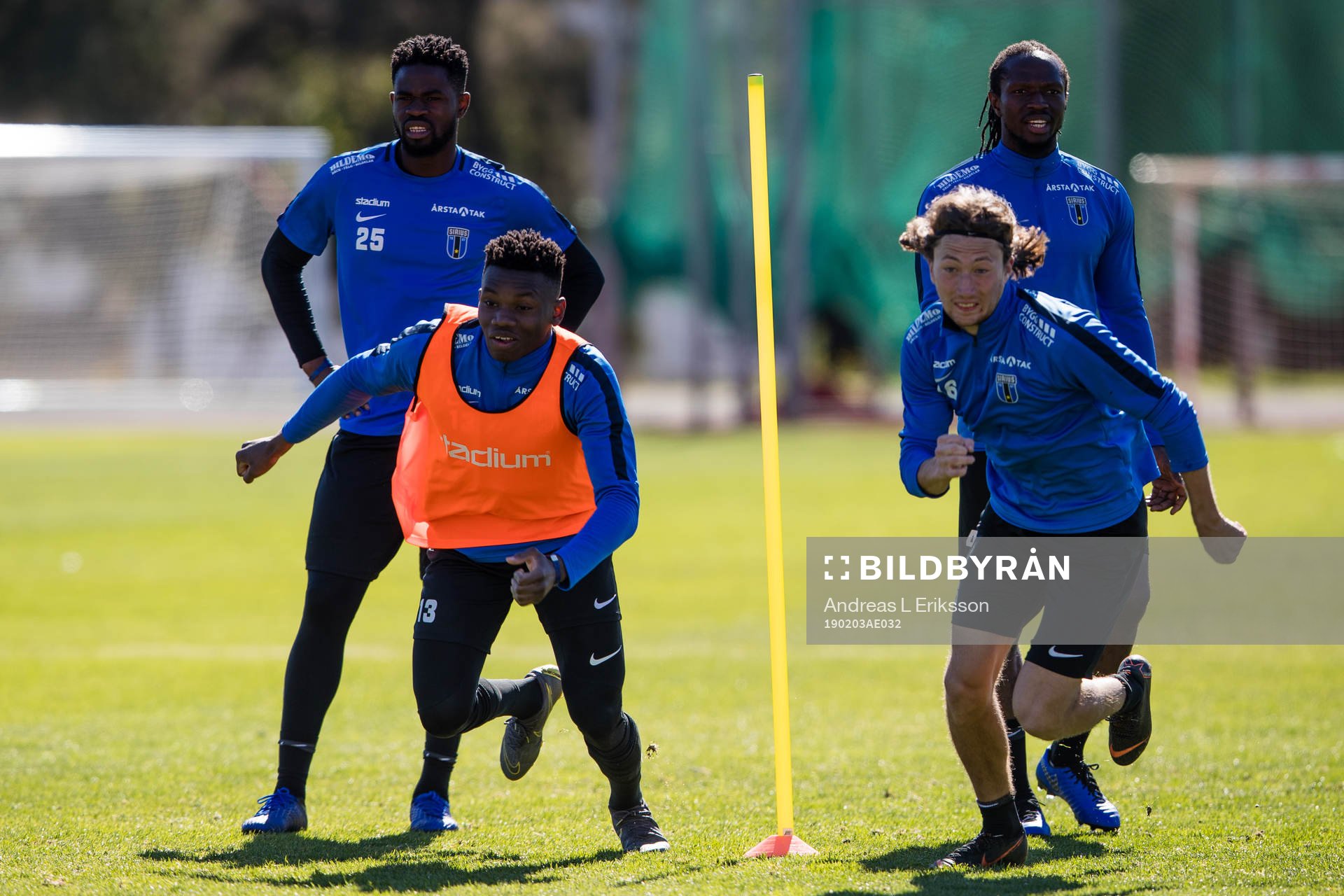 Abdul Razak, Sylvin Kayembe, Axel Björnström och Kebba Ceesay under en fotbollsträning med Sirius den 3 februari 2019 i Albufeira. 
