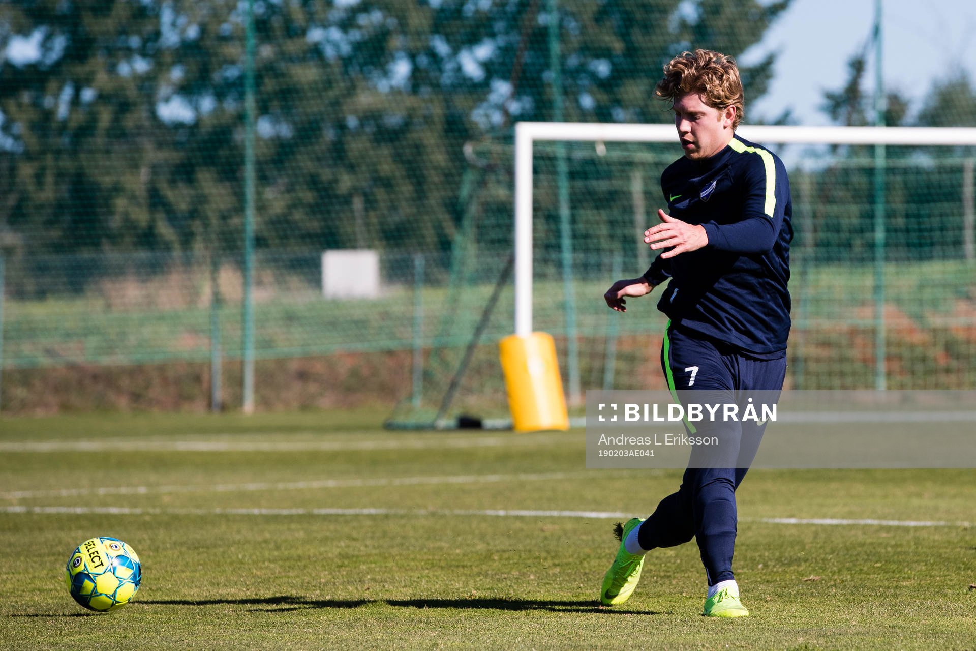 Alexander Fransson under en fotbollsträning med Norrköping den 3 februari 2019 i Alcantarilha. 