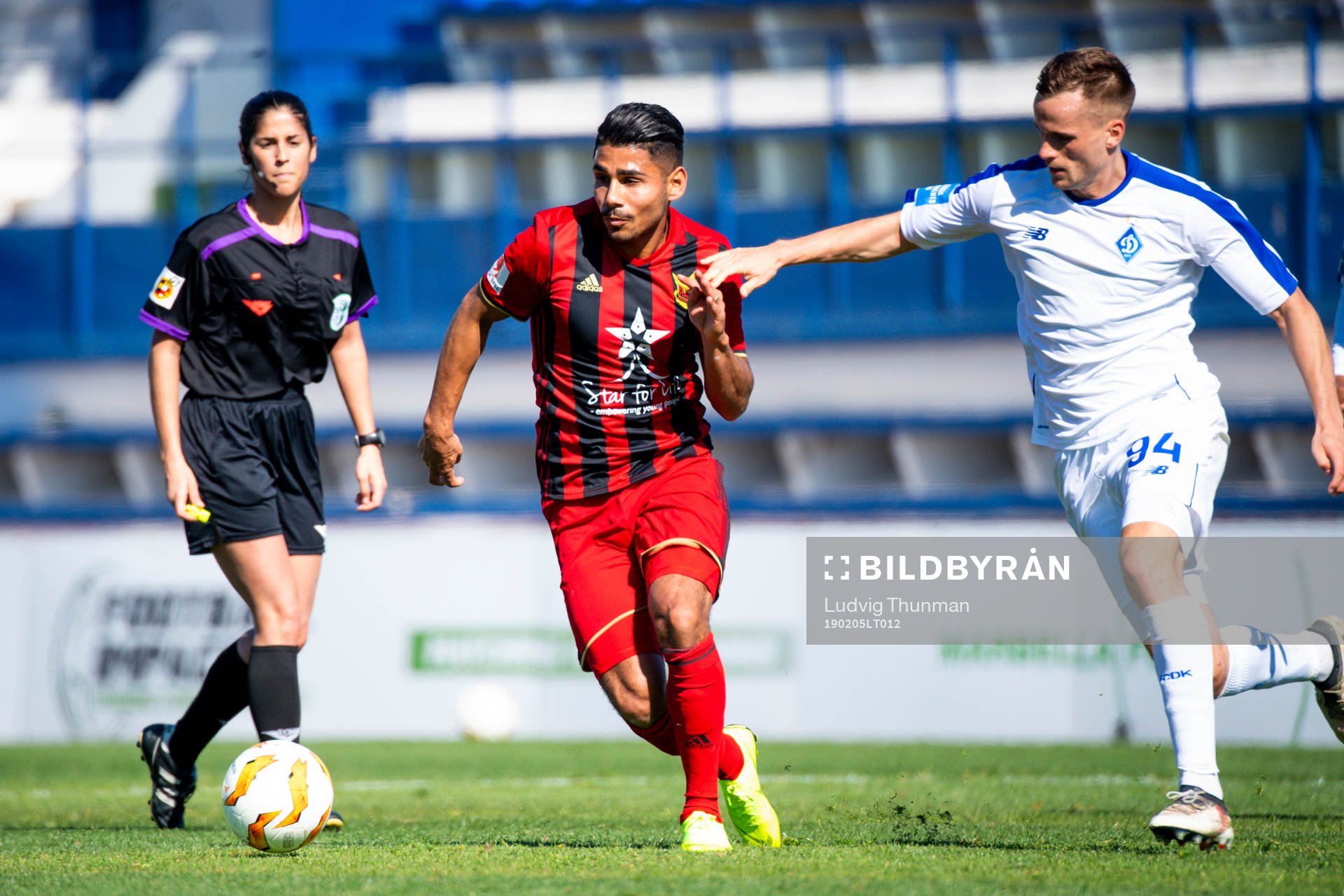 Hosam Aiesh of Östersund and Tomasz Kedziora of Dinamo Kiev during the friendly match between Dinamo Kiev and Östersund on Feb 5, 2019 in Marbella.