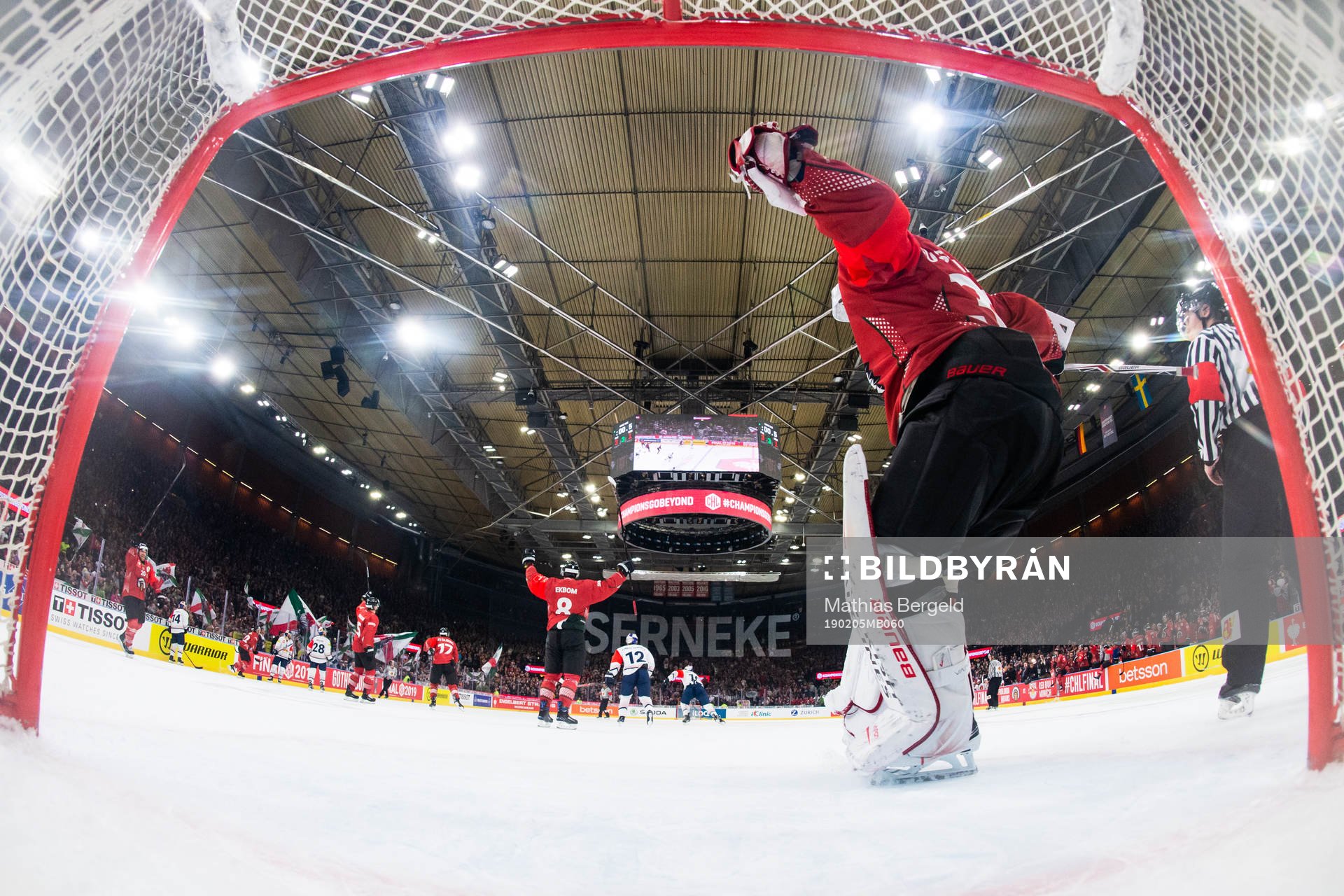 Goalkeeper Johan Gustafsson of Frölunda celebrates at the