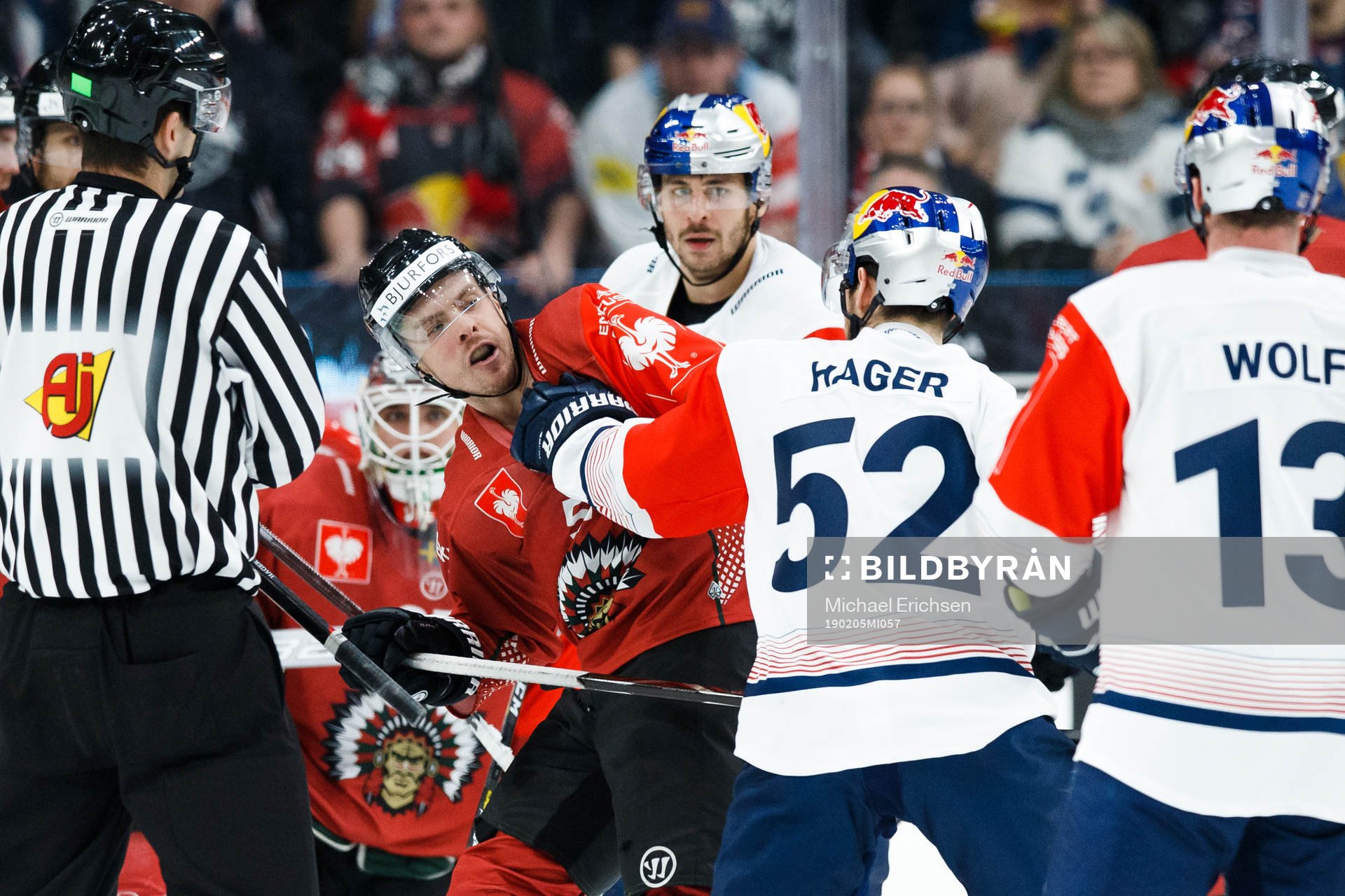 Patrick Hager of Red Bull Munich fights Mats Rosseli Olsen