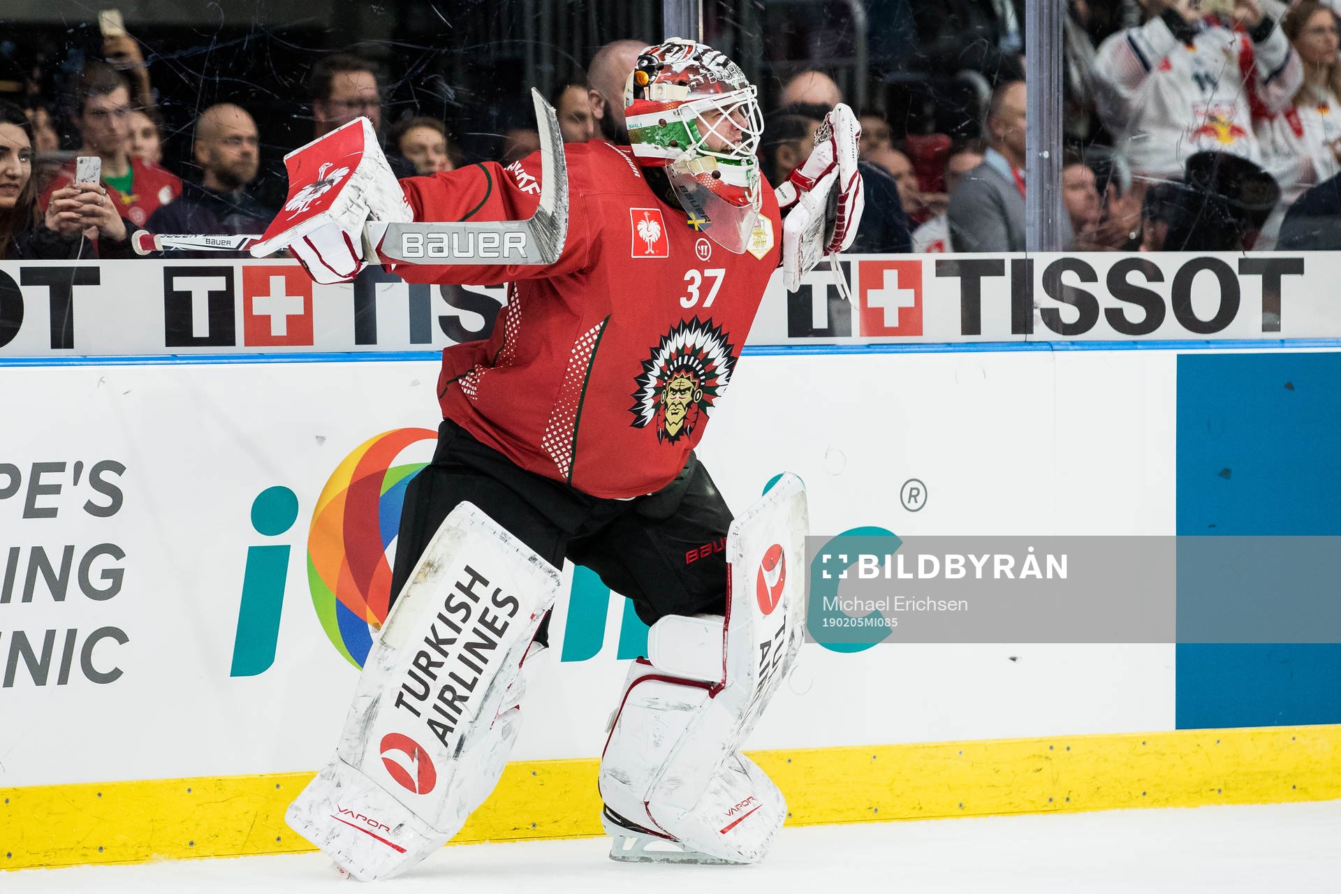 Goalkeeper Johan Gustafsson of Frölunda celebrates