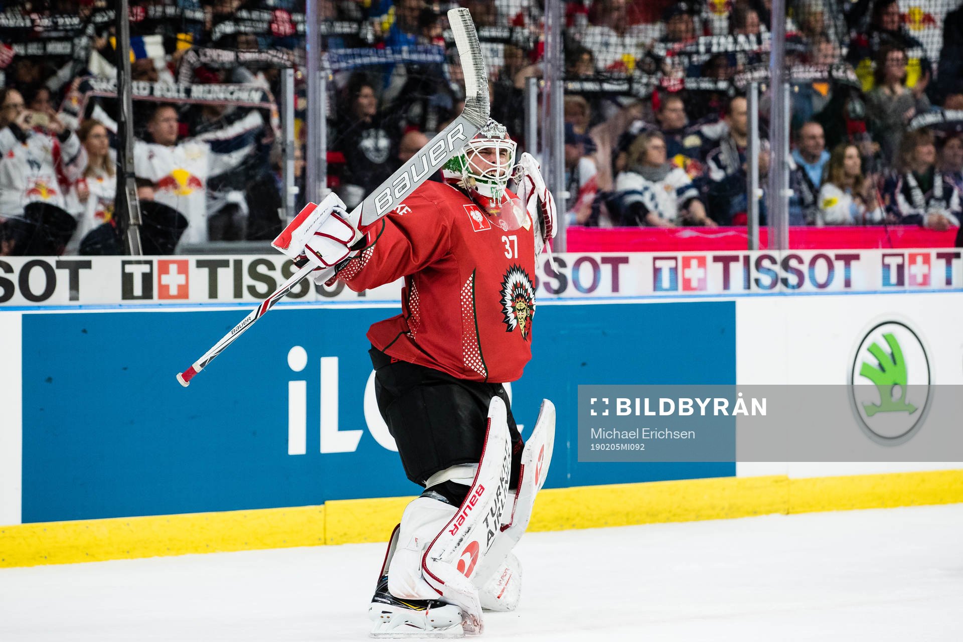 Goalkeeper Johan Gustafsson of Frölunda celebrates