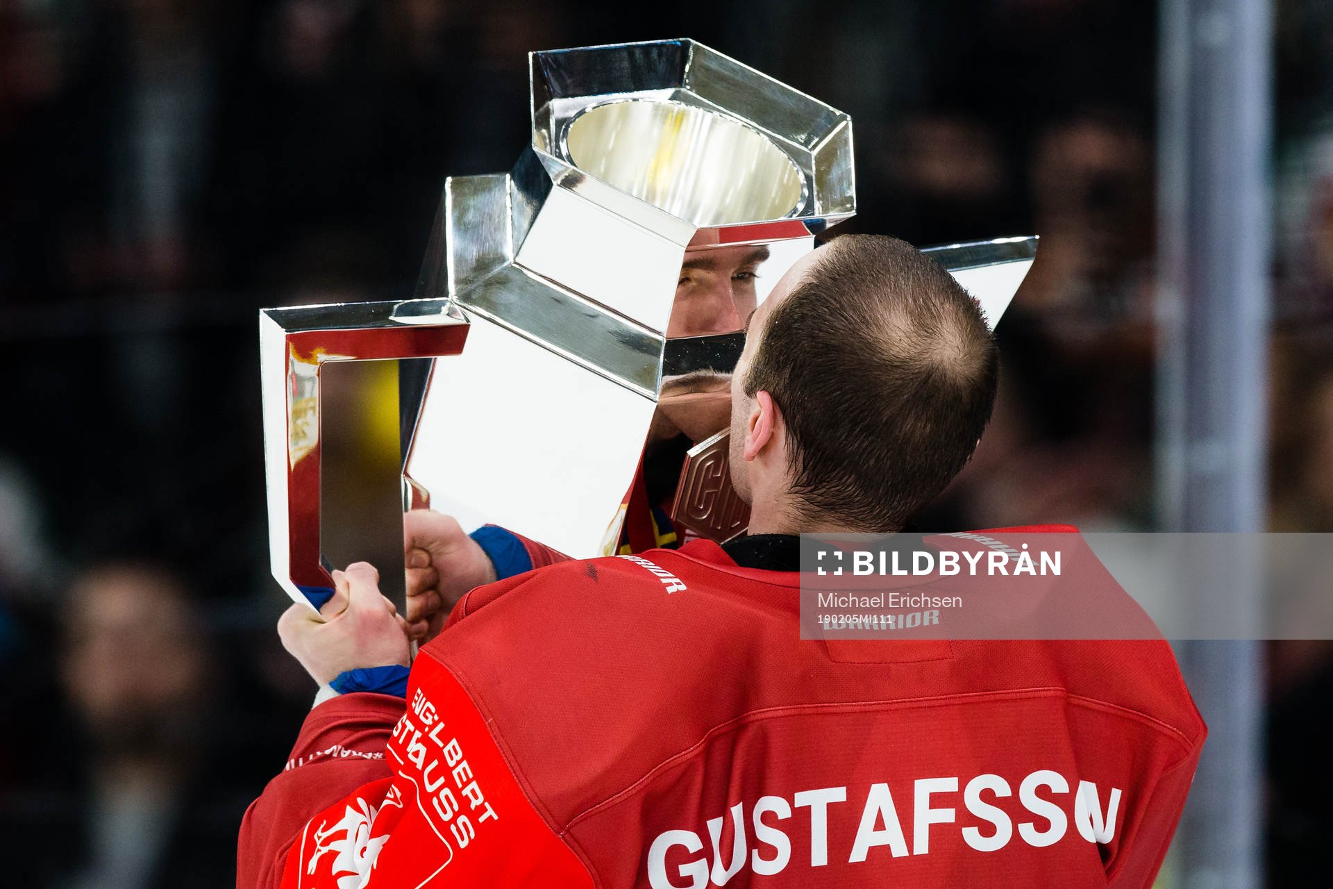 Goalkeeper Johan Gustafsson of Frölunda celebrates with