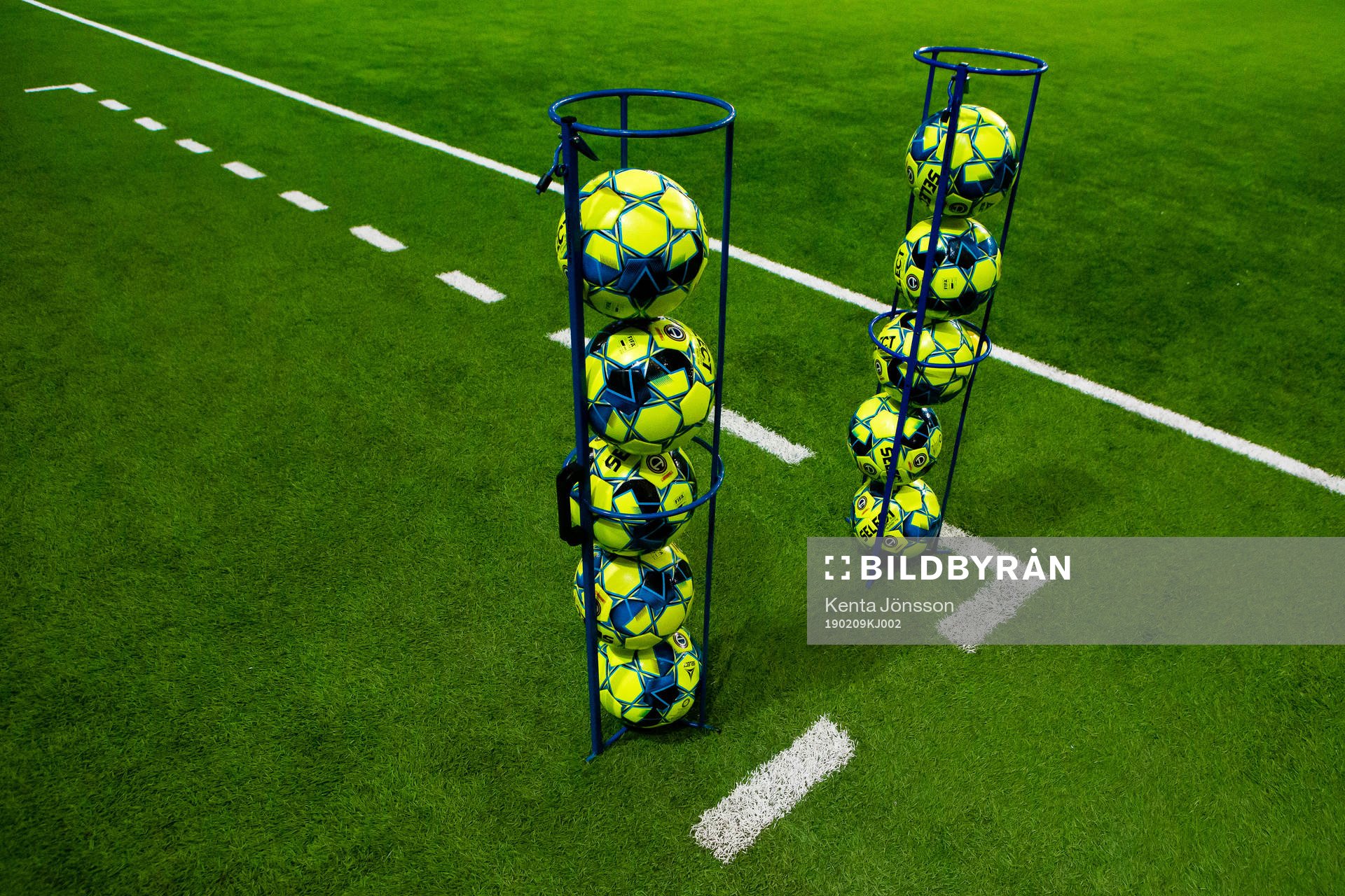 Fotbollar på Tele2 Arena inför träningsmatchen i fotboll mellan Djurgården och Lilleström den 9 februari 2019 i Stockholm. 