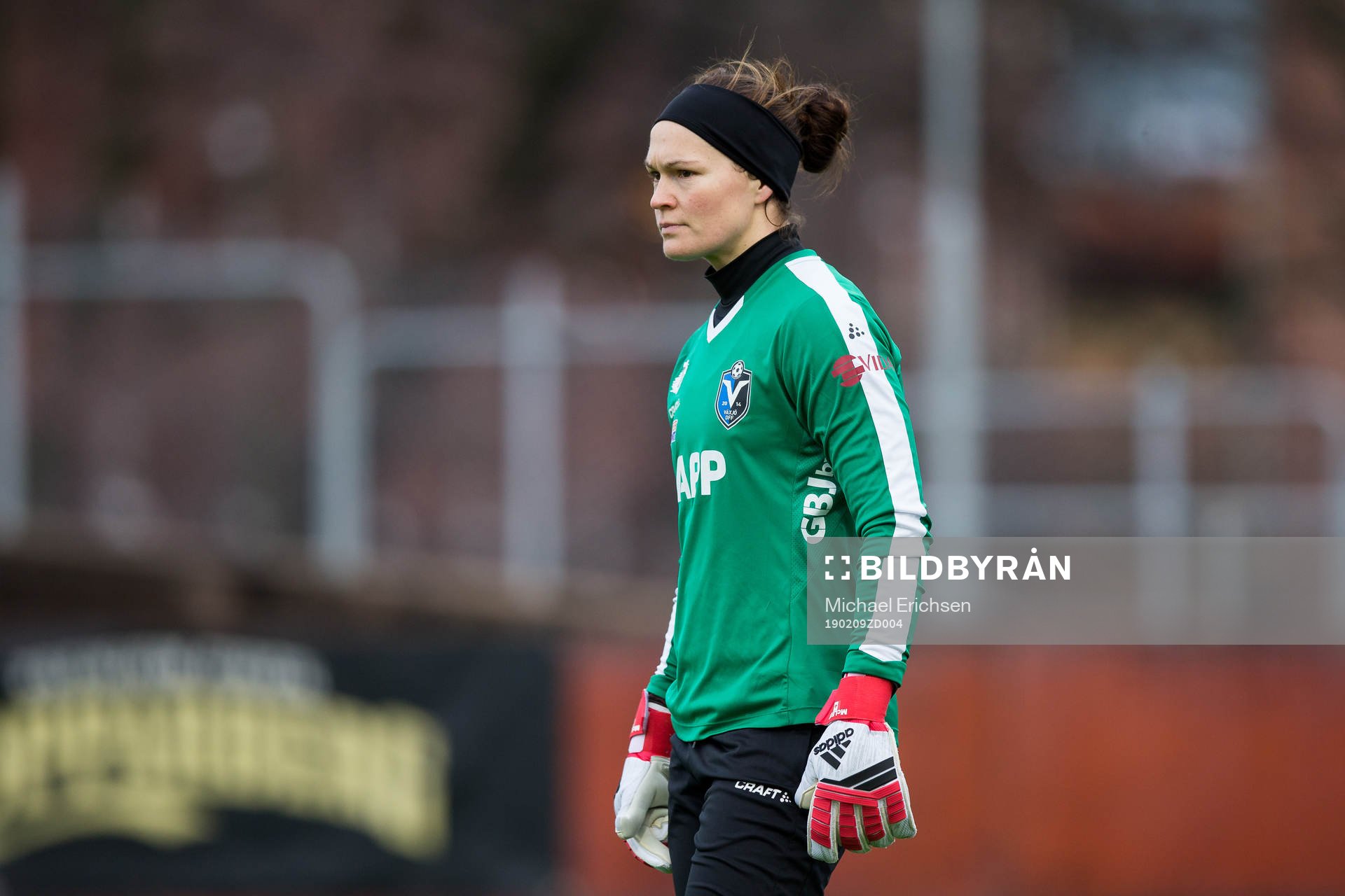 Växjös målvakt Erin Katrina McLeod under fotbollsmatchen i Svenska Cupen mellan Kopparbergs/Göteborg och Växjö den 9 februari 2019 i Göteborg.