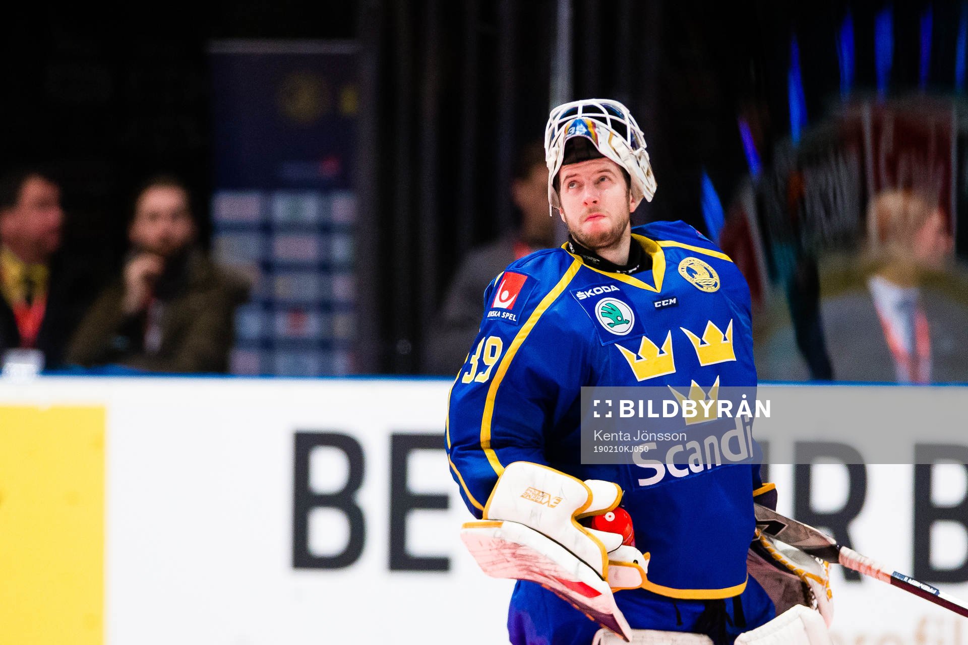 Goaltender Adam Reideborn of Sweden looks dejected