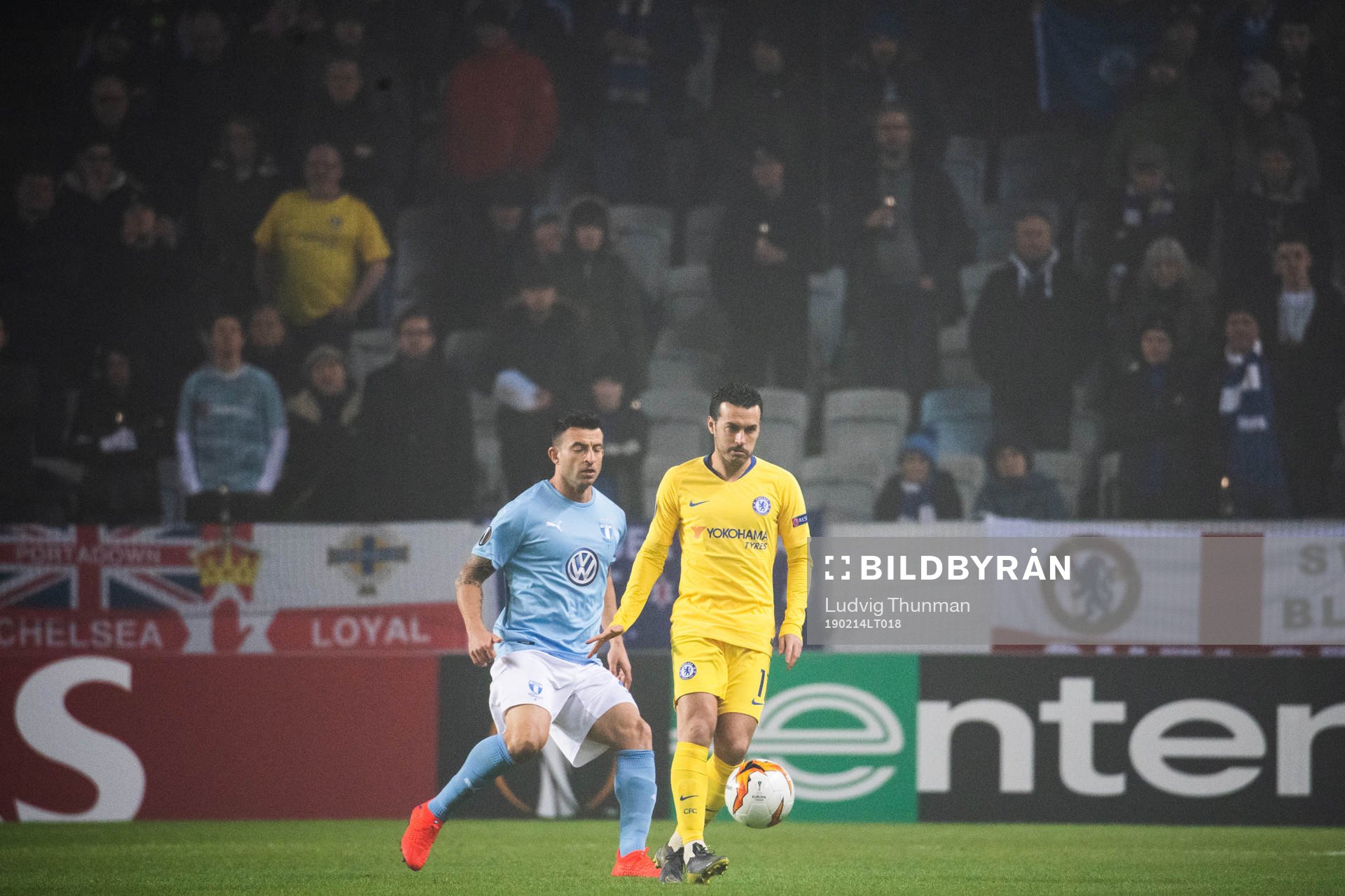 Behrang Safari of Malmö FF and Pedro Rodríguez of Chelsea