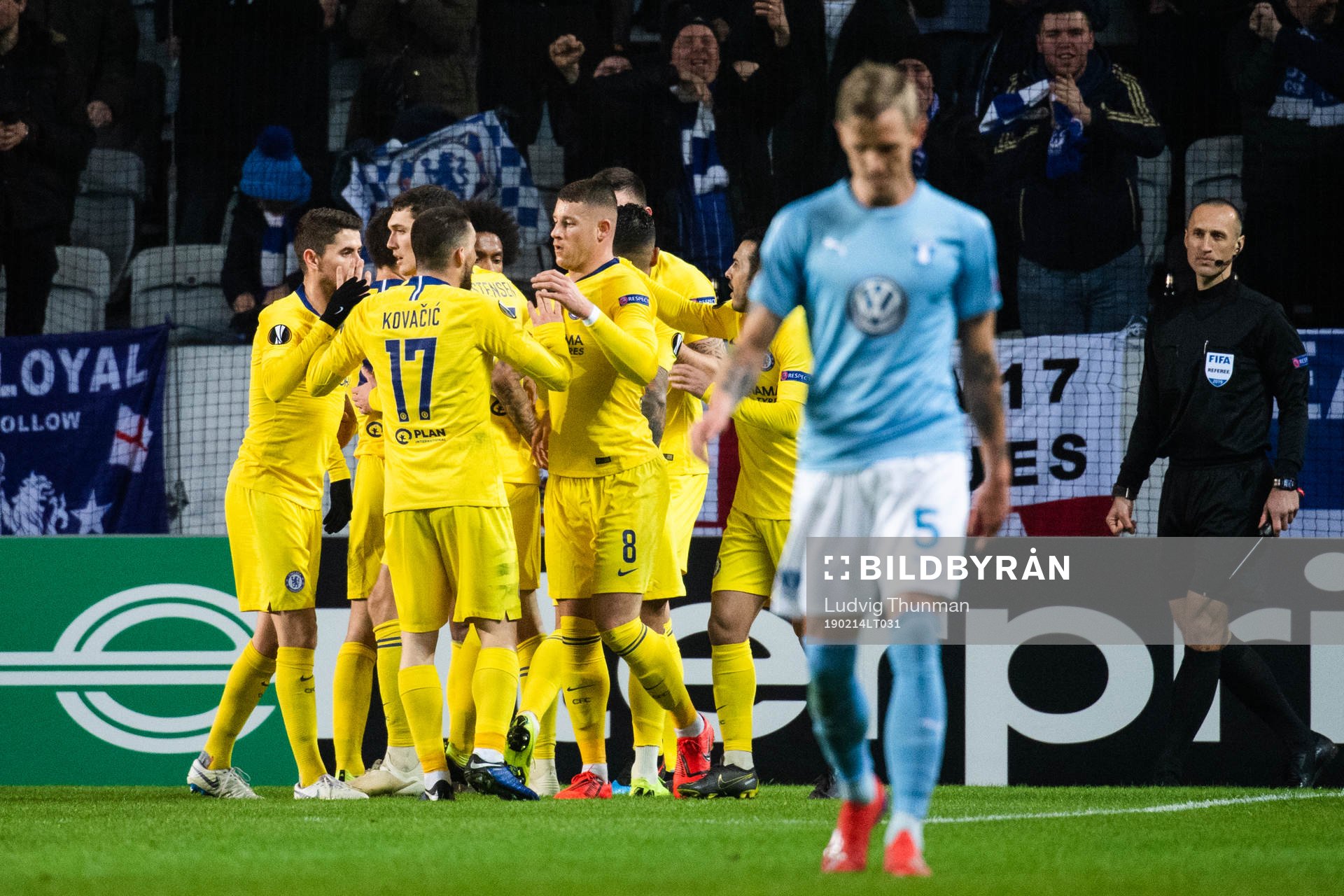 Players of Chelsea celebrate after Ross Barkley scored 0-1 during the Europa league match between Malmö FF and Chelsea on February 14, 2019 in Malmö.