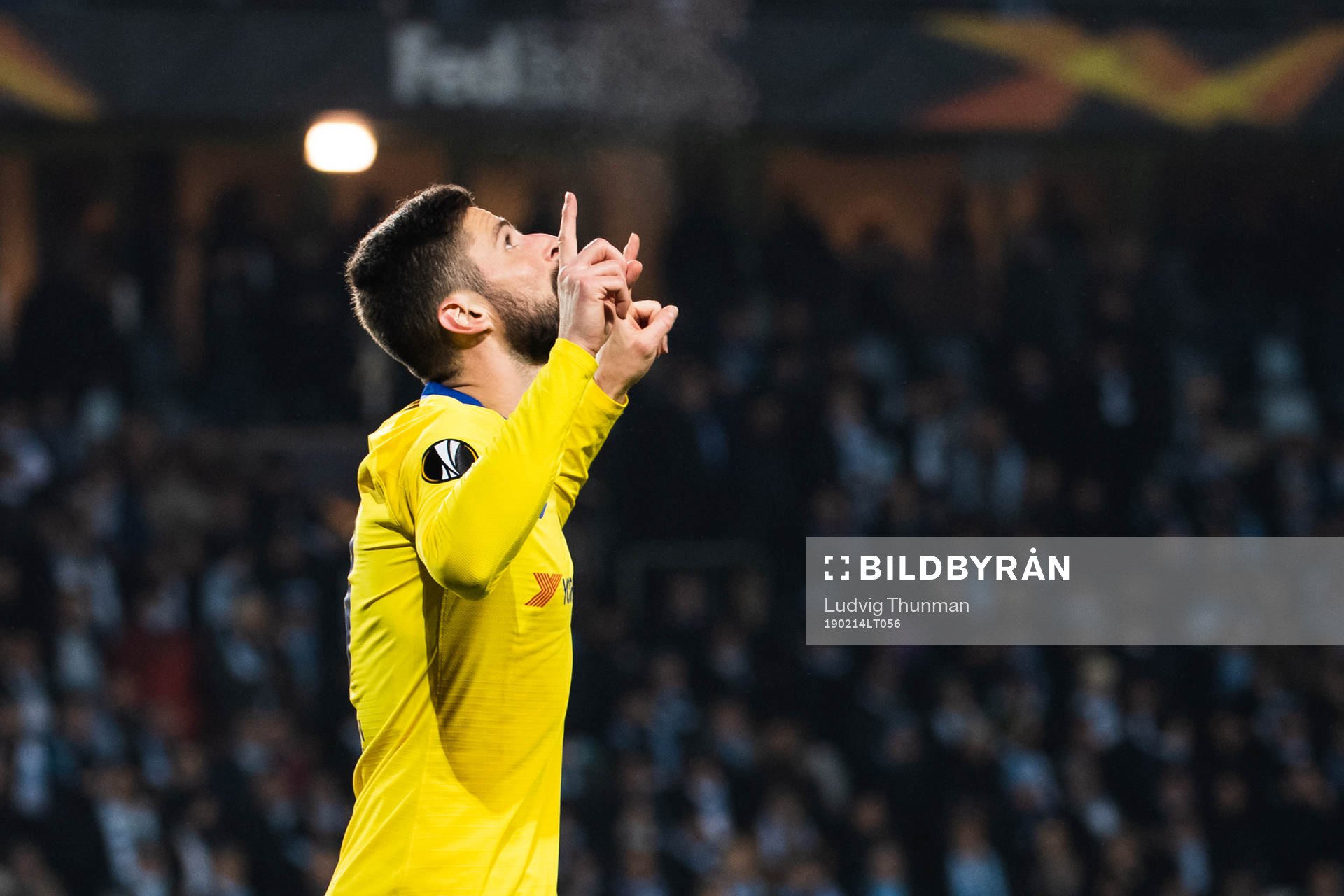 Olivier Giroud of Chelsea celebrate after scoring 0-2 during the Europa league match between Malmö FF and Chelsea on February 14, 2019 in Malmö.