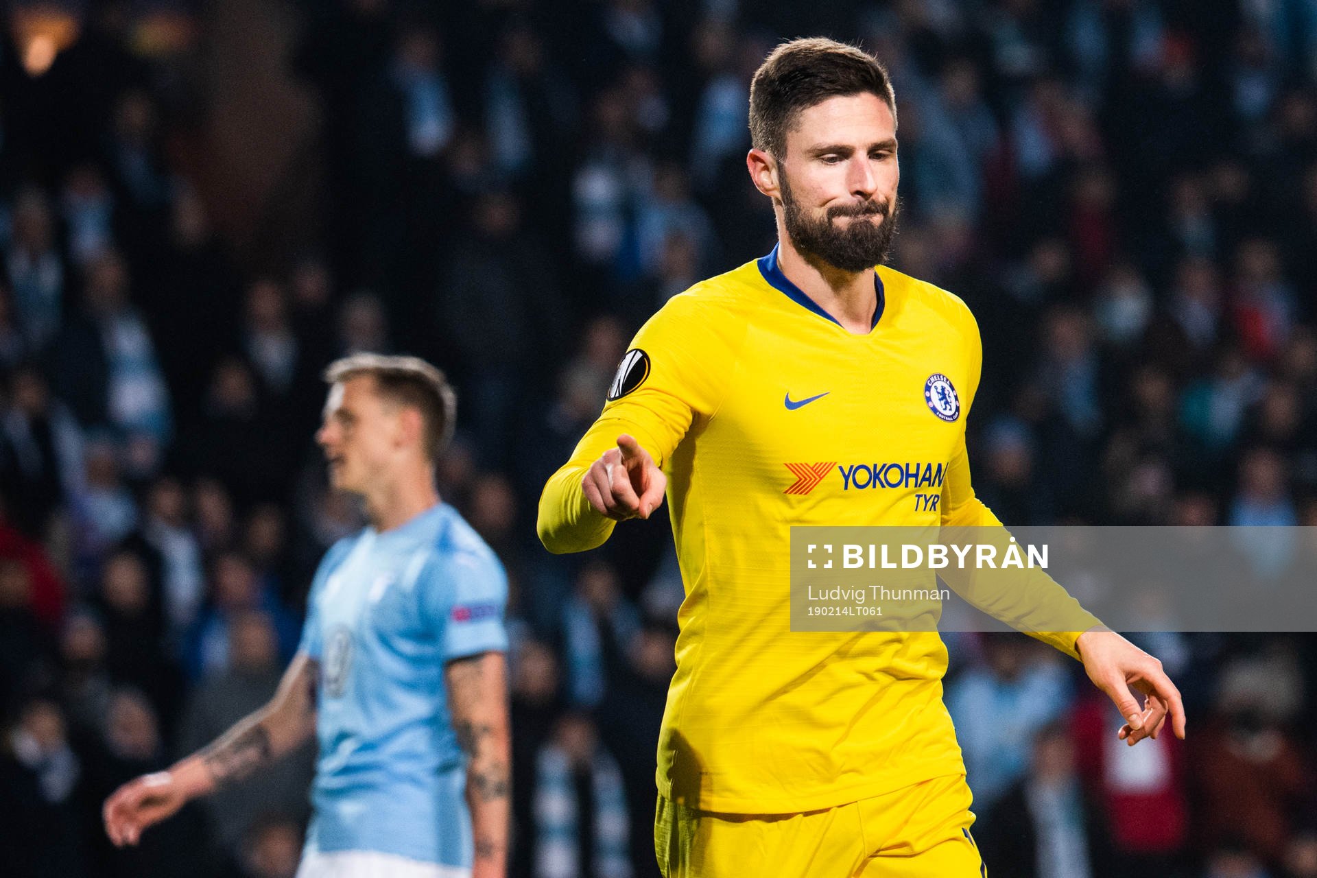 Olivier Giroud of Chelsea celebrates after scoring 0-2 during the Europa league match between Malmö FF and Chelsea on February 14, 2019 in Malmö.