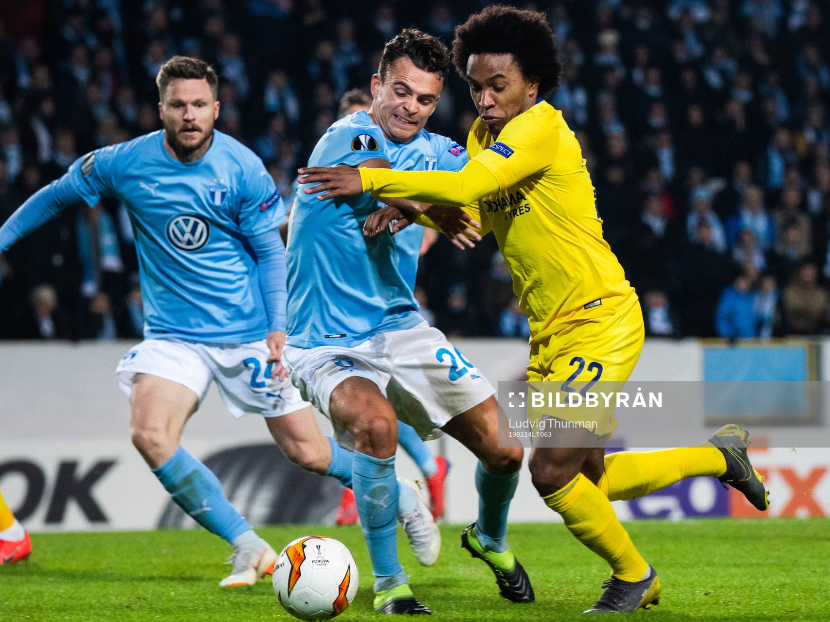 Andreas Vindheim and Lasse Nielsen of Malmö FF compete for