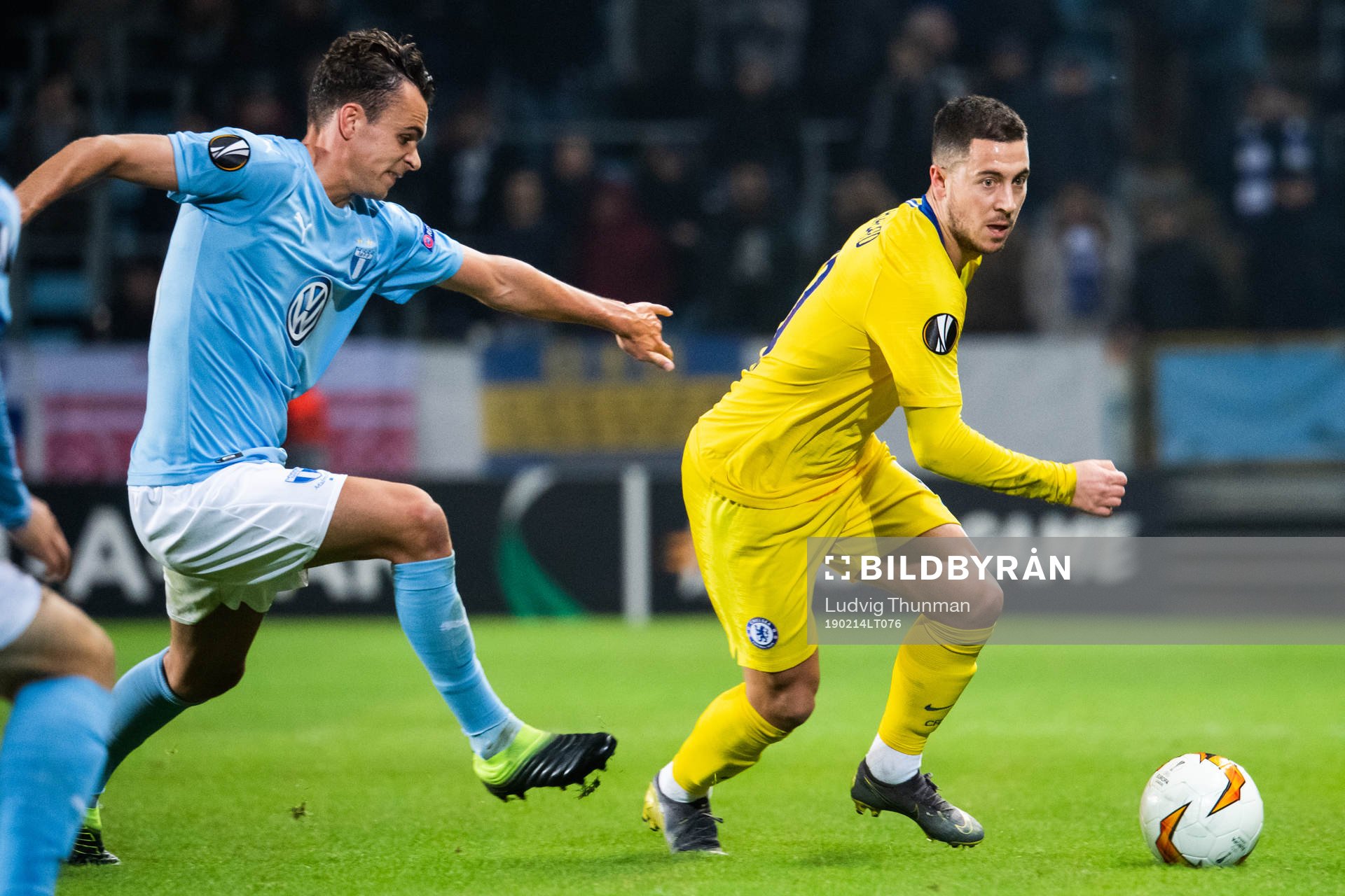 Andreas Vindheim of Malmö FF chases Eden Hazard of Chelsea
