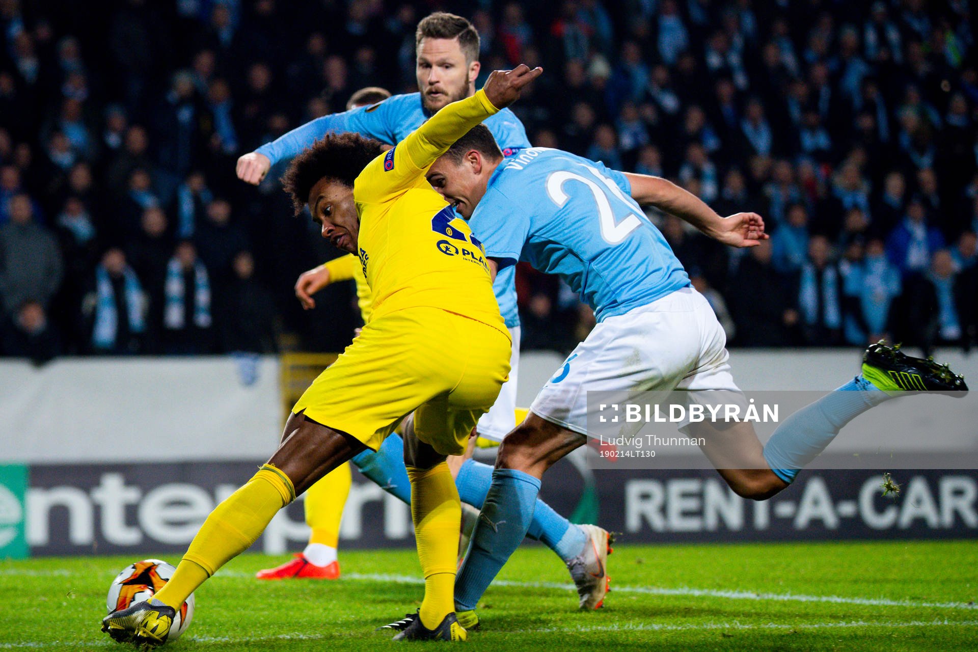 Willian and Lasse Nielsen and Andreas Vindheim of Malmö FF