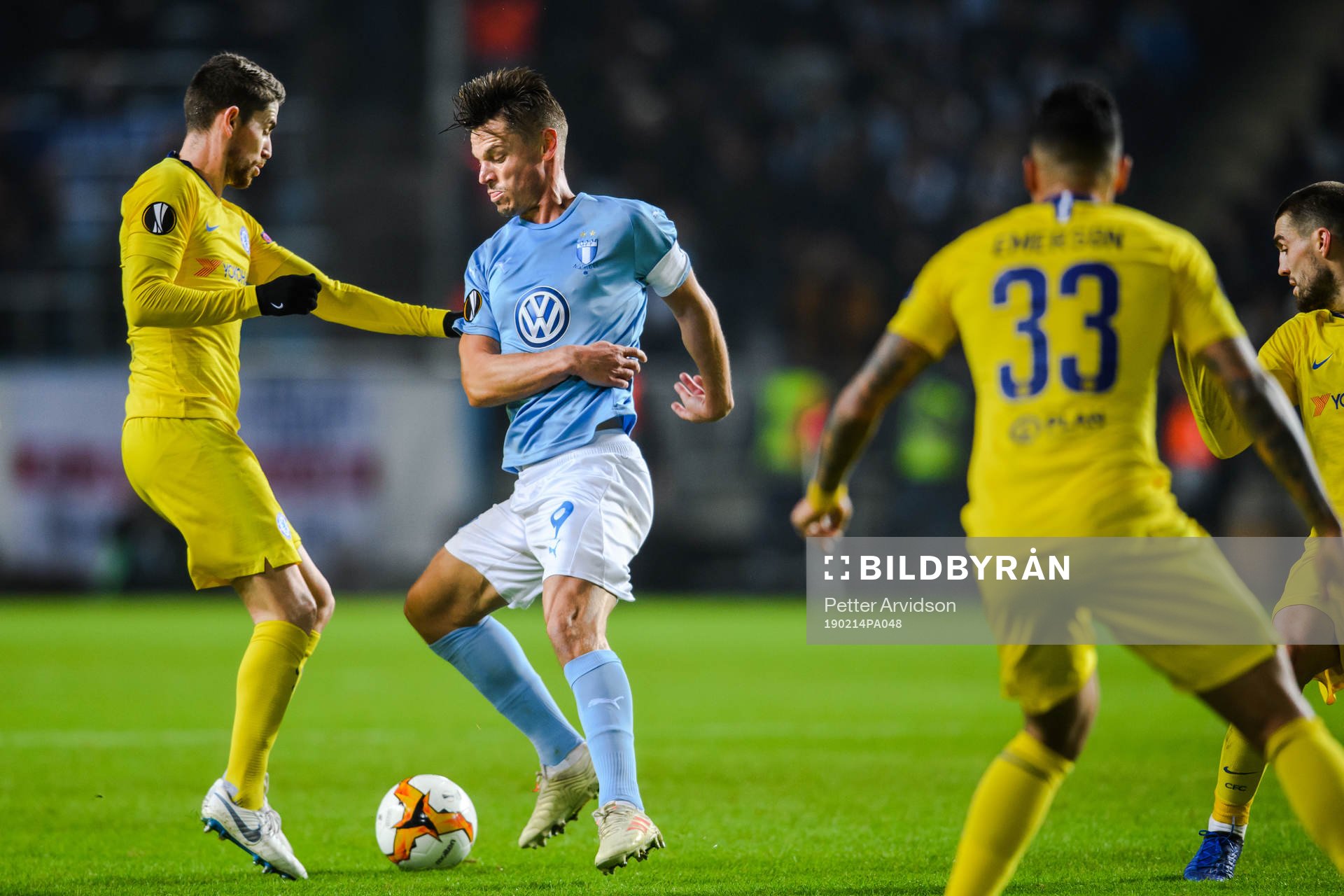 Markus Rosenberg of Malmö FF and Jorginho of Chelsea