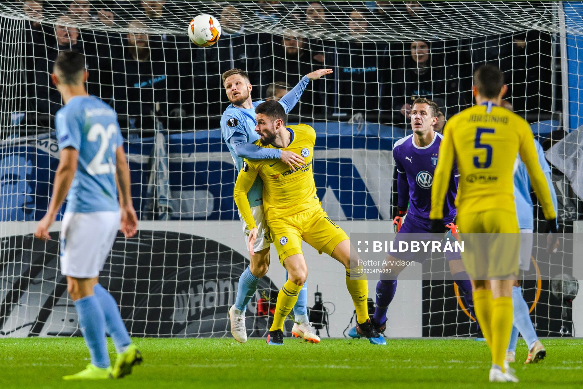 Lasse Nielsen of Malmö FF and Olivier Giroud of Chelsea