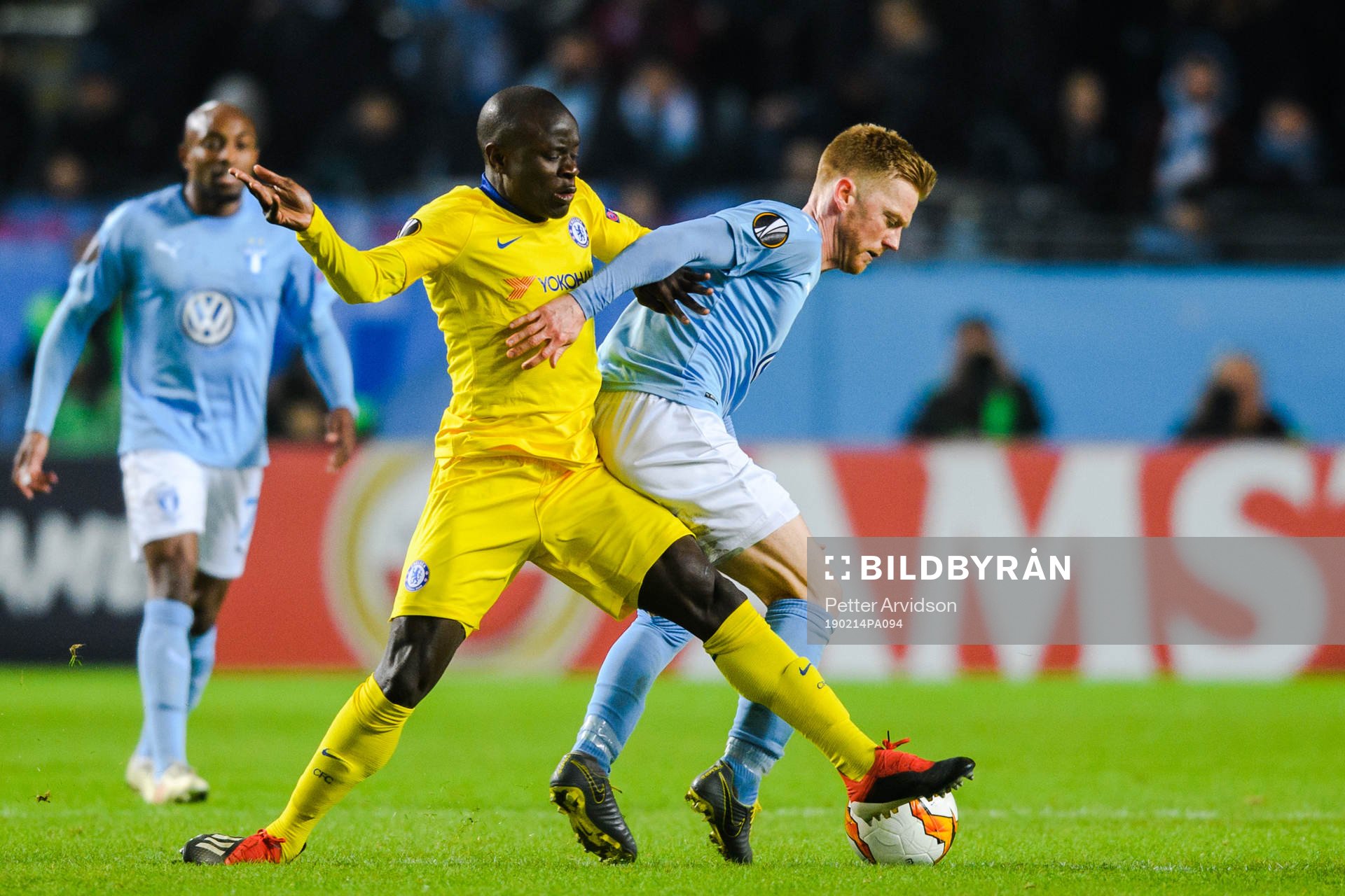 N'Golo Kante of Chelsea and Anders Christiansen of Malmö FF during the Europa league match between Malmö FF and Chelsea on February 14, 2019 in Malmö.
