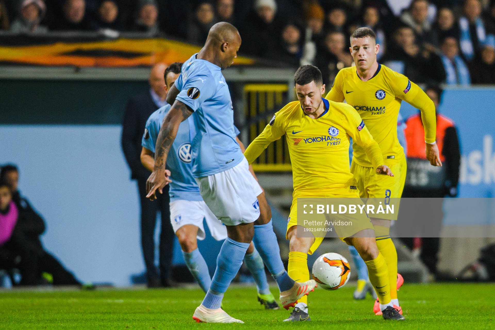 Carlos Strandberg of Malmö FF and Eden Hazard of Chelsea