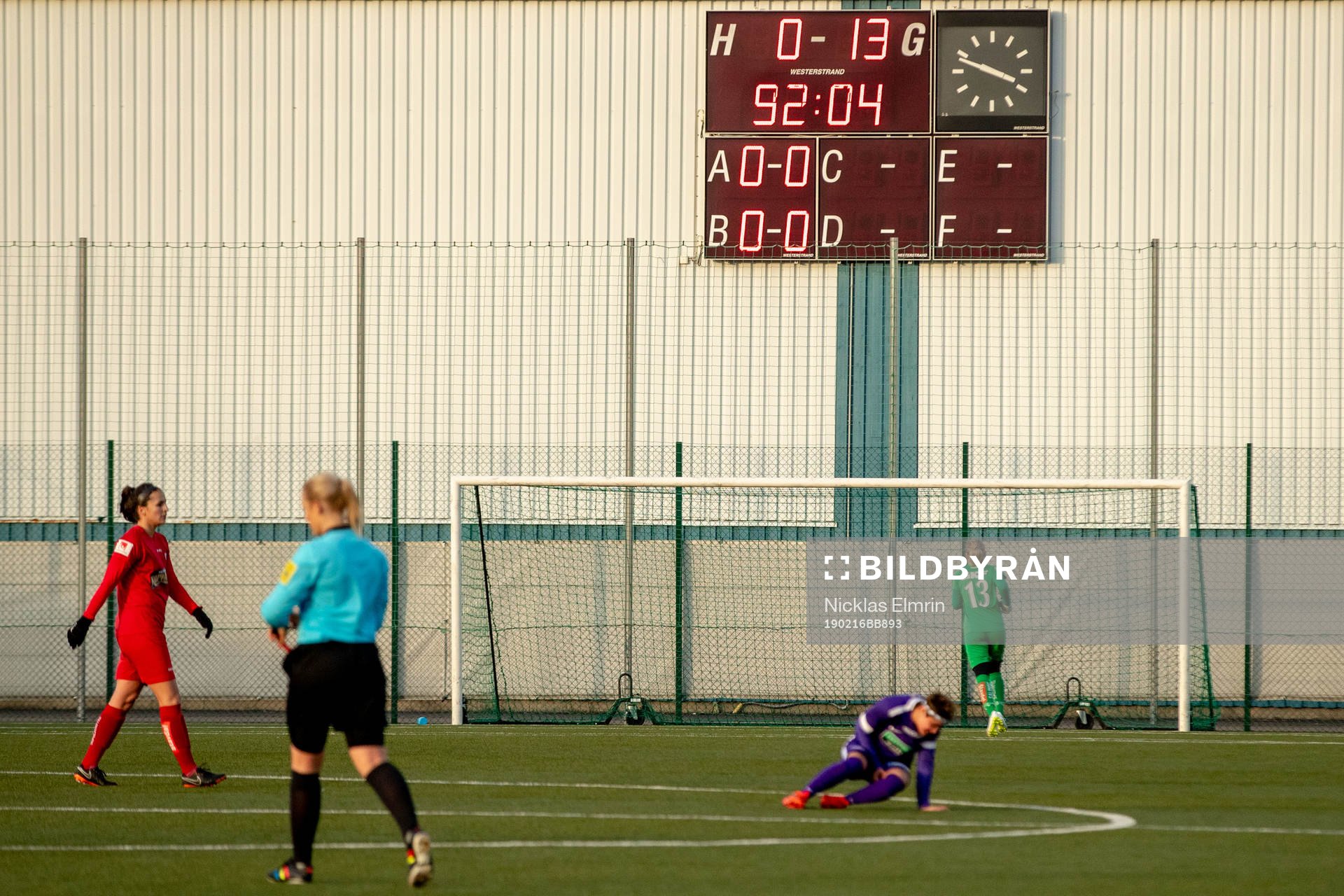 resultatet 0-13 efter fotbollsmatchen i Svenska Cupen mellan Jitex och Kopparbergs/Göteborg den 16 februari 2019 i Mölndal.