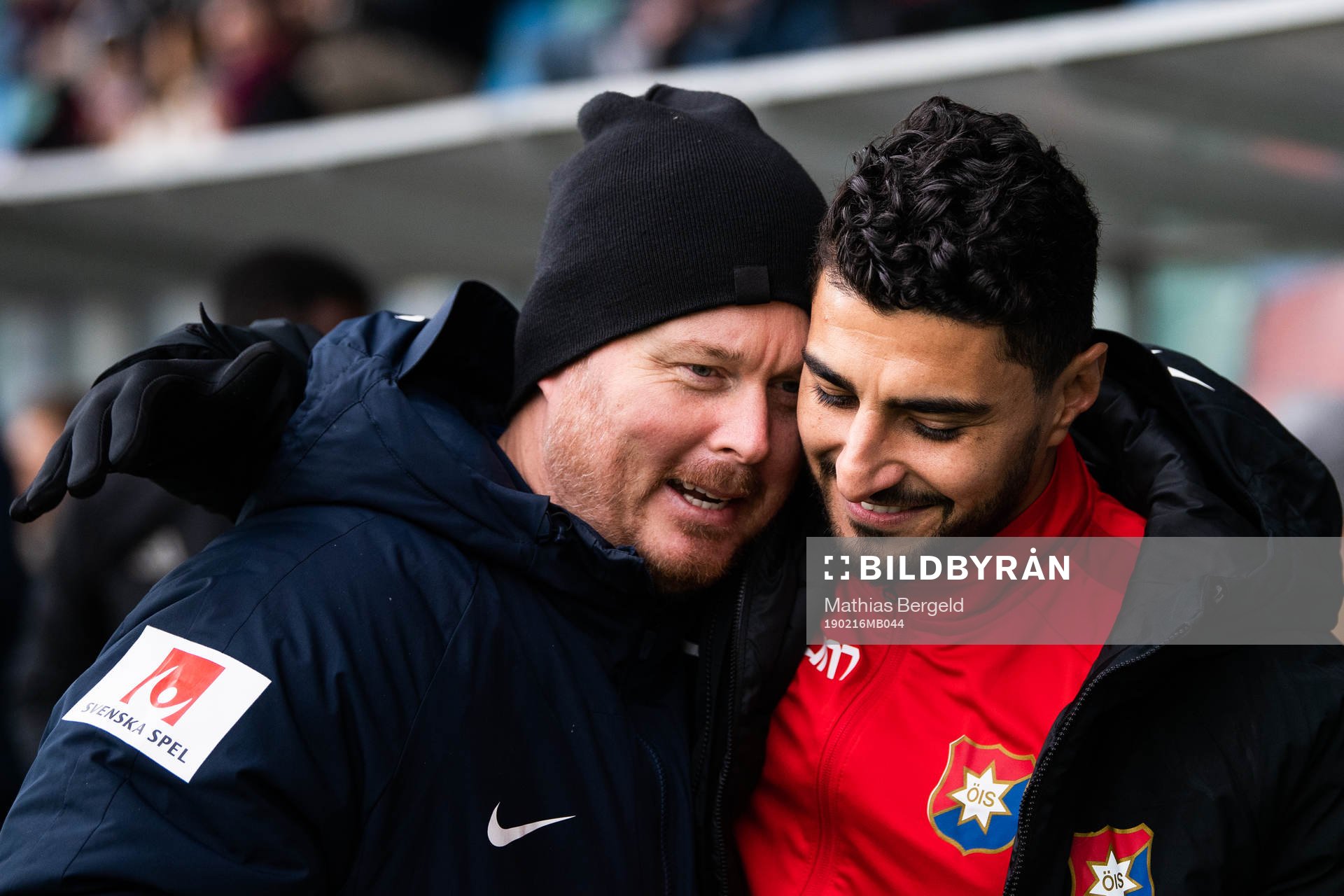 Norrbys assisterande tränare Fredrik Berglund och Örgrytes Ailton Almeida inför fotbollsmatchen i Svenska Cupen mellan Örgryte och Norrby den 16 februari 2019 i Göteborg.