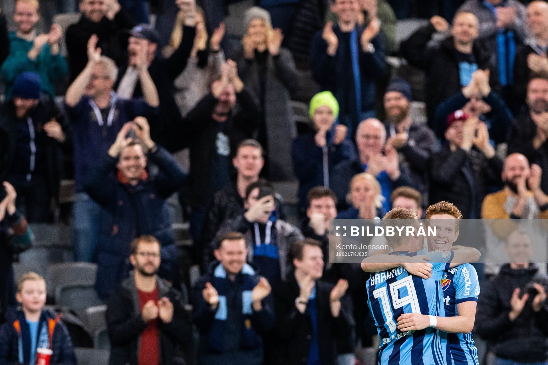 Djurgårdens Aslak Witry och Nicklas Bärkroth jublar efter 2-0 under fotbollsmatchen i Svenska Cupen mellan Djurgården och Frej den 17 februari 2019 i Stockholm.
