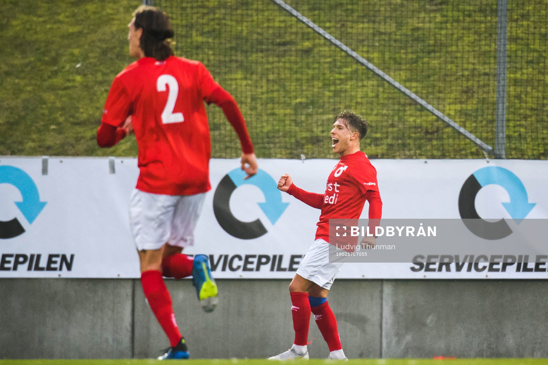 Degerfors Nikola Ladan jublar efter 2-2 under fotbollsmatchen i Svenska Cupen mellan Malm FF och Degerfors 17 februari 2019 i Lund.