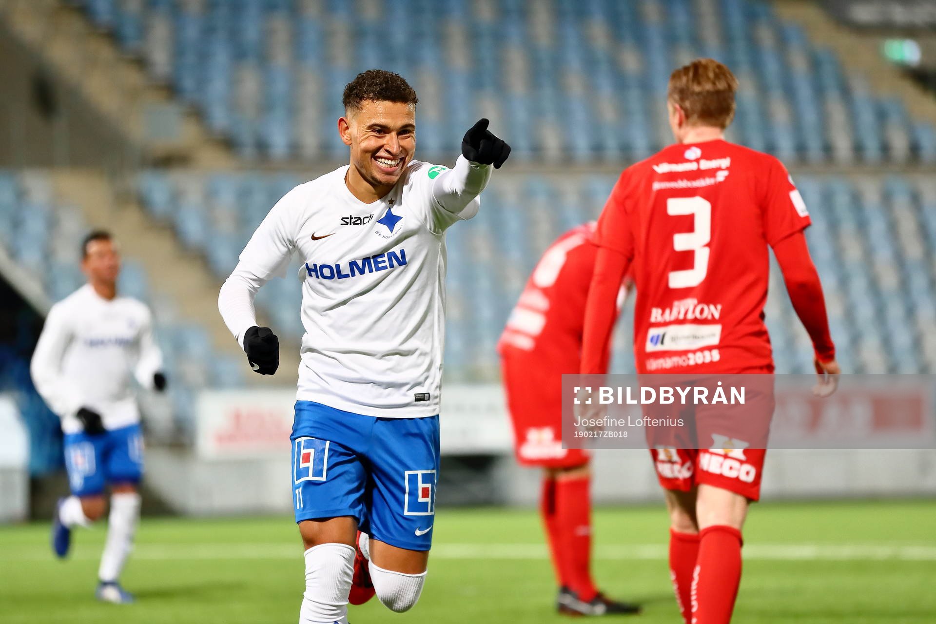 Norrköpings Jordan Larsson jublar under fotbollsmatchen i Svenska Cupen mellan Norrköping och Värnamo den 17 februari 2019 i Norrköping.