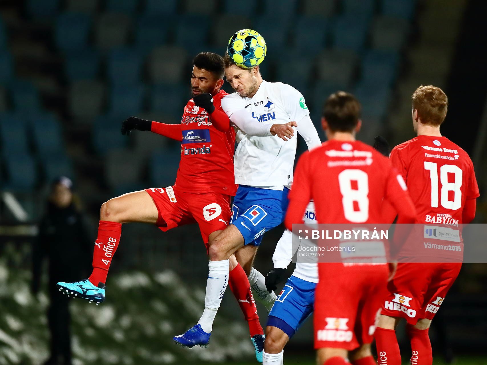 Norrköpings Lars Krogh Gerson och Värnamos Paulo Marcelo under fotbollsmatchen i Svenska Cupen mellan Norrköping och Värnamo den 17 februari 2019 i Norrköping.